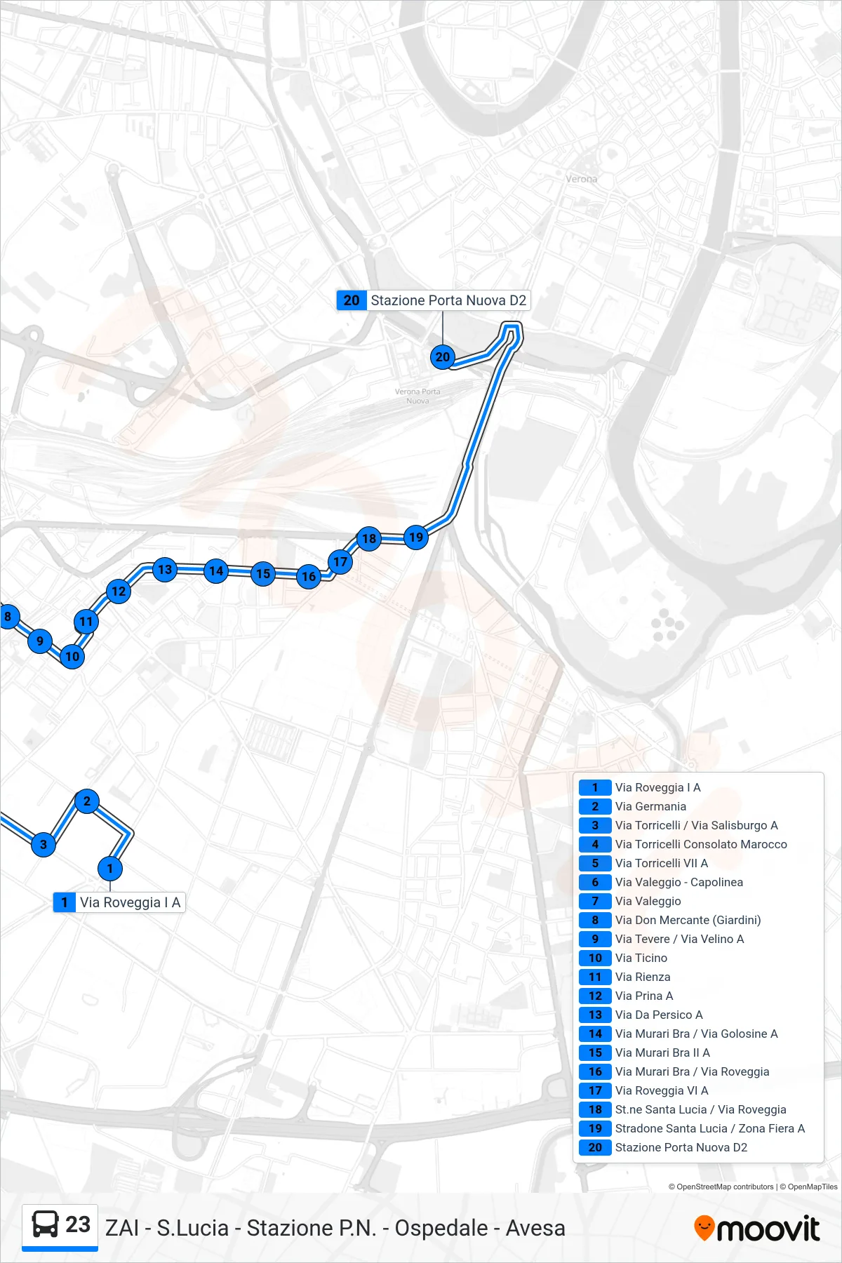 Linea 23 bus (Porta Nuova FS) - Percorsi e fermate sulla mappa