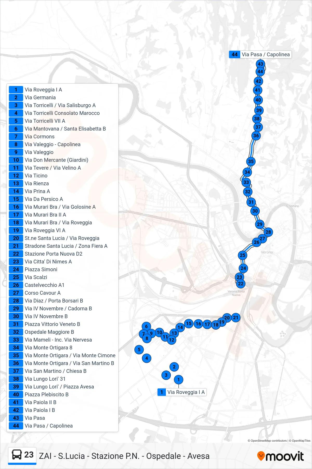 Linea 23 bus (Avesa) - Percorsi e fermate sulla mappa