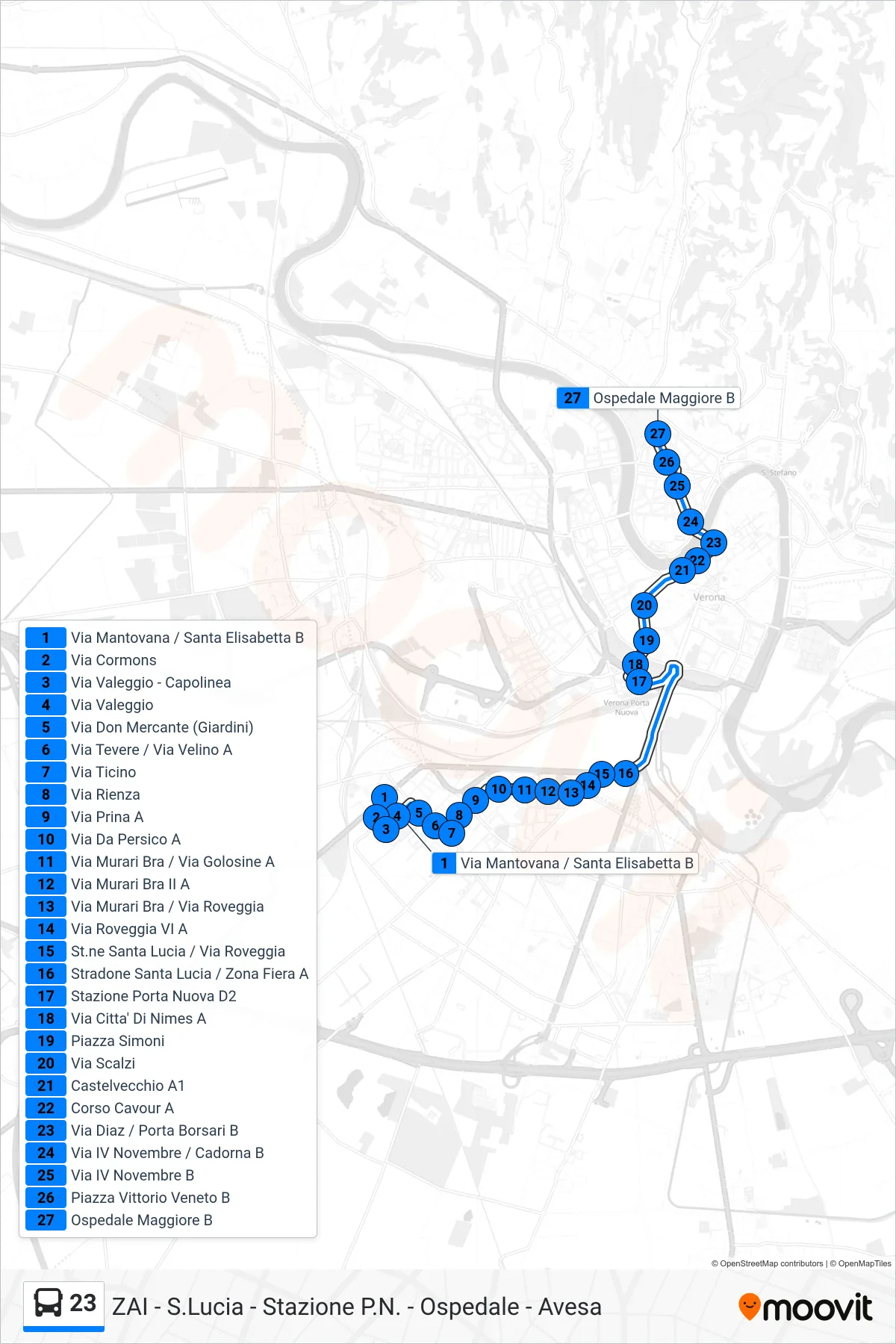 Linea 23 bus (P.Le Stefani - Ospedale Civile) - Percorsi e fermate sulla mappa