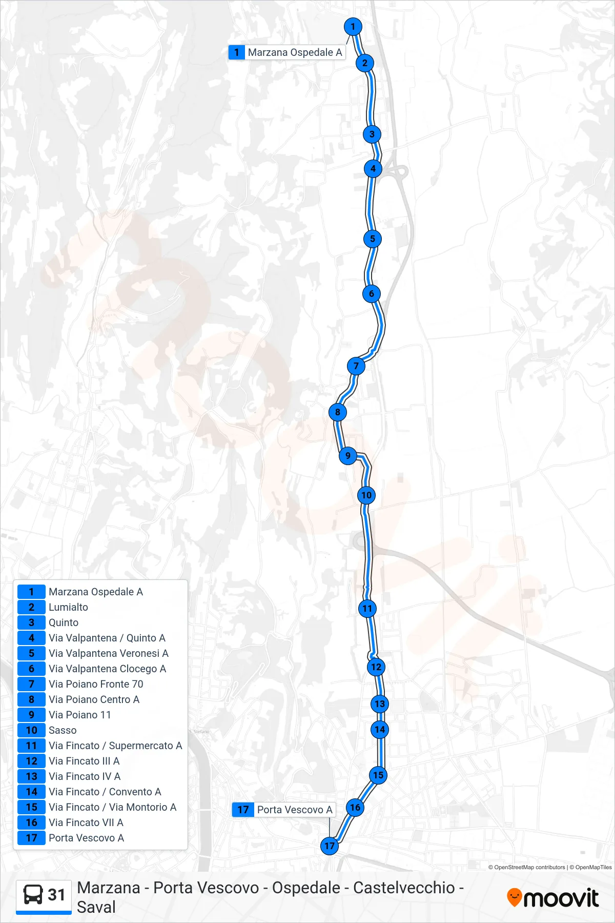 Linea 31  bus (Porta Vescovo) - Percorsi e fermate sulla mappa
