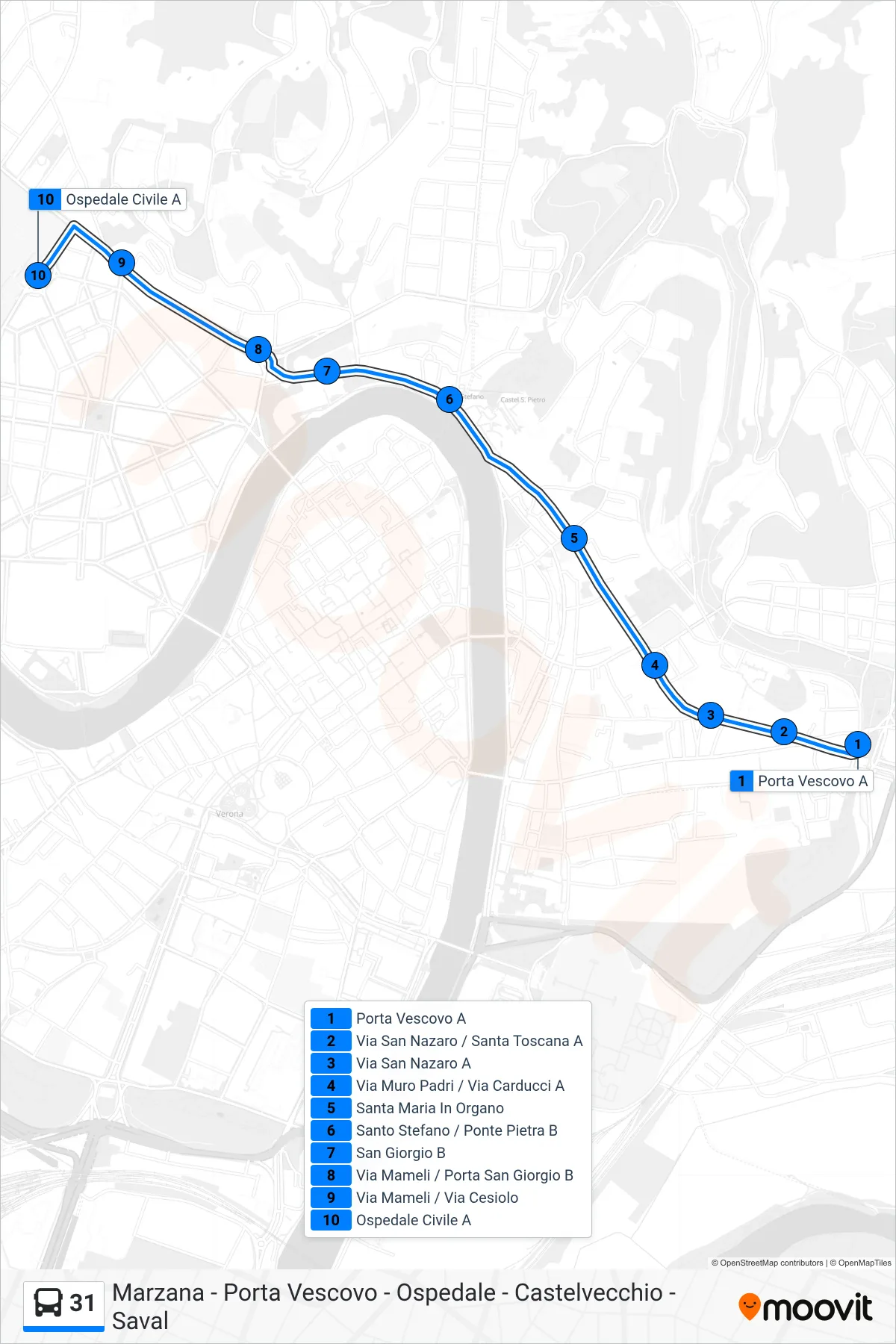 Linea 31 bus (P.Le Stefani - Ospedale Civile) - Percorsi e fermate sulla mappa