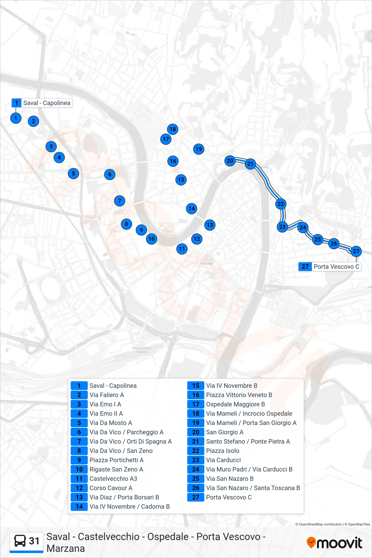Linea 31 bus (Porta Vescovo) - Percorsi e fermate sulla mappa