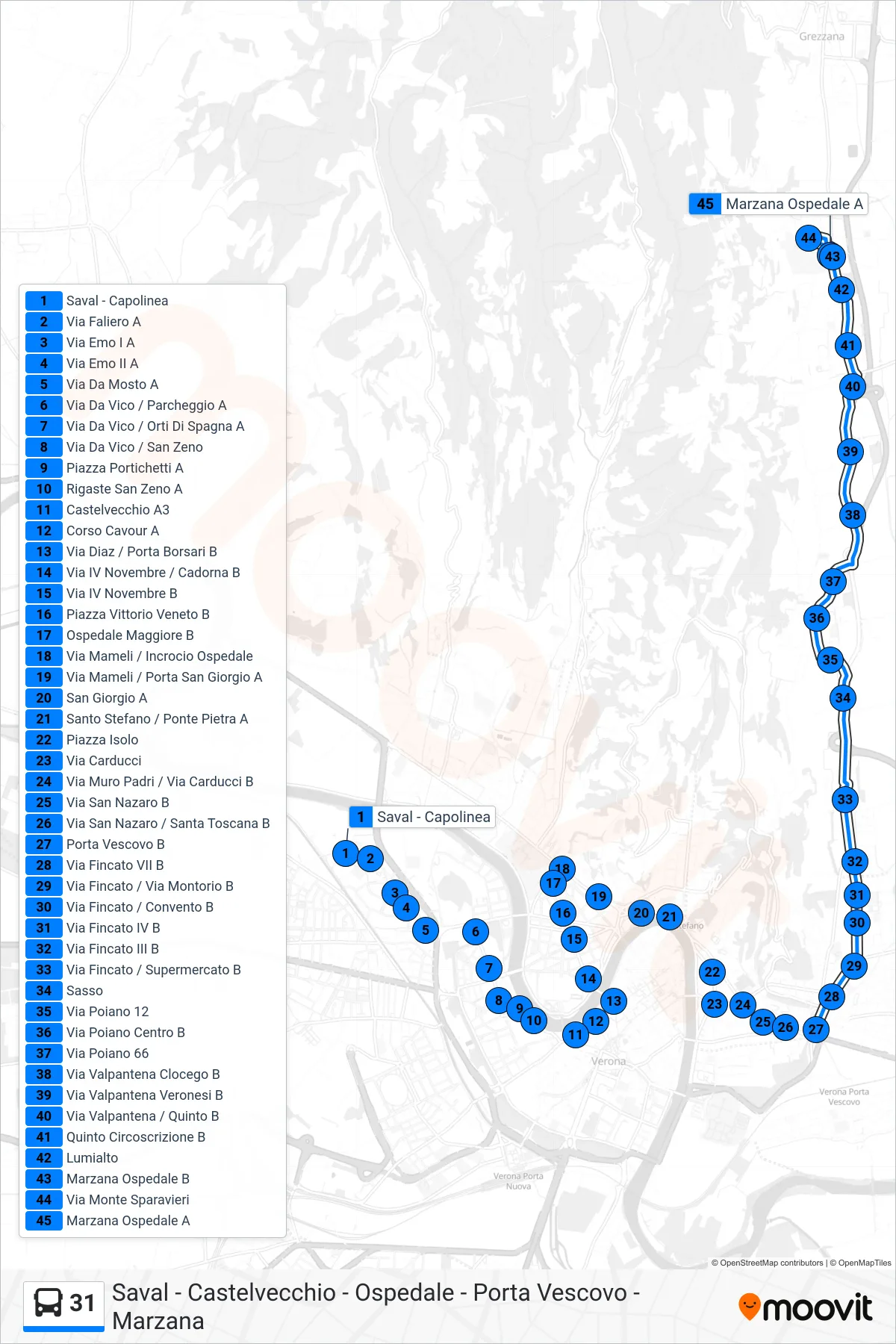 Linea 31 bus (Marzana) - Percorsi e fermate sulla mappa