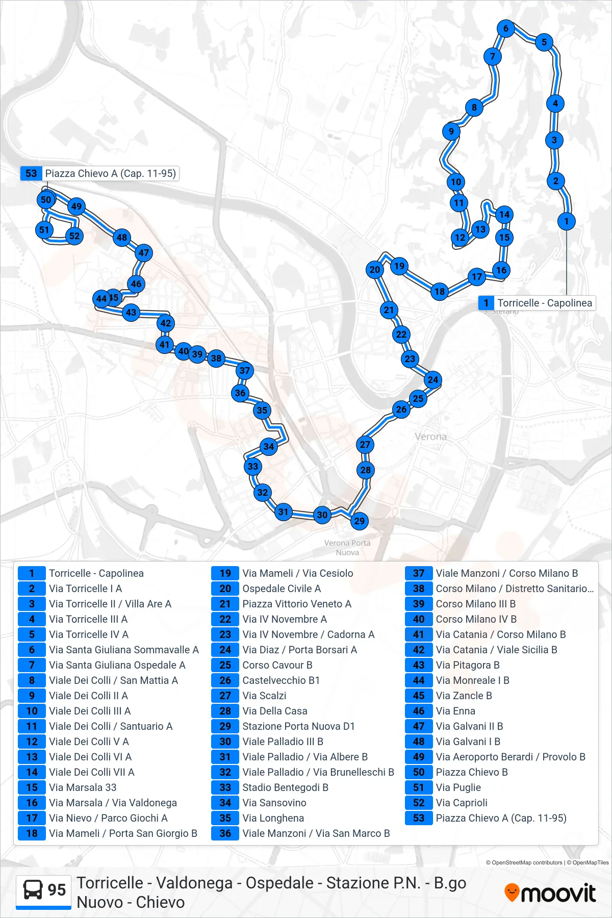 Linea 95 bus (Chievo) - Percorsi e fermate sulla mappa