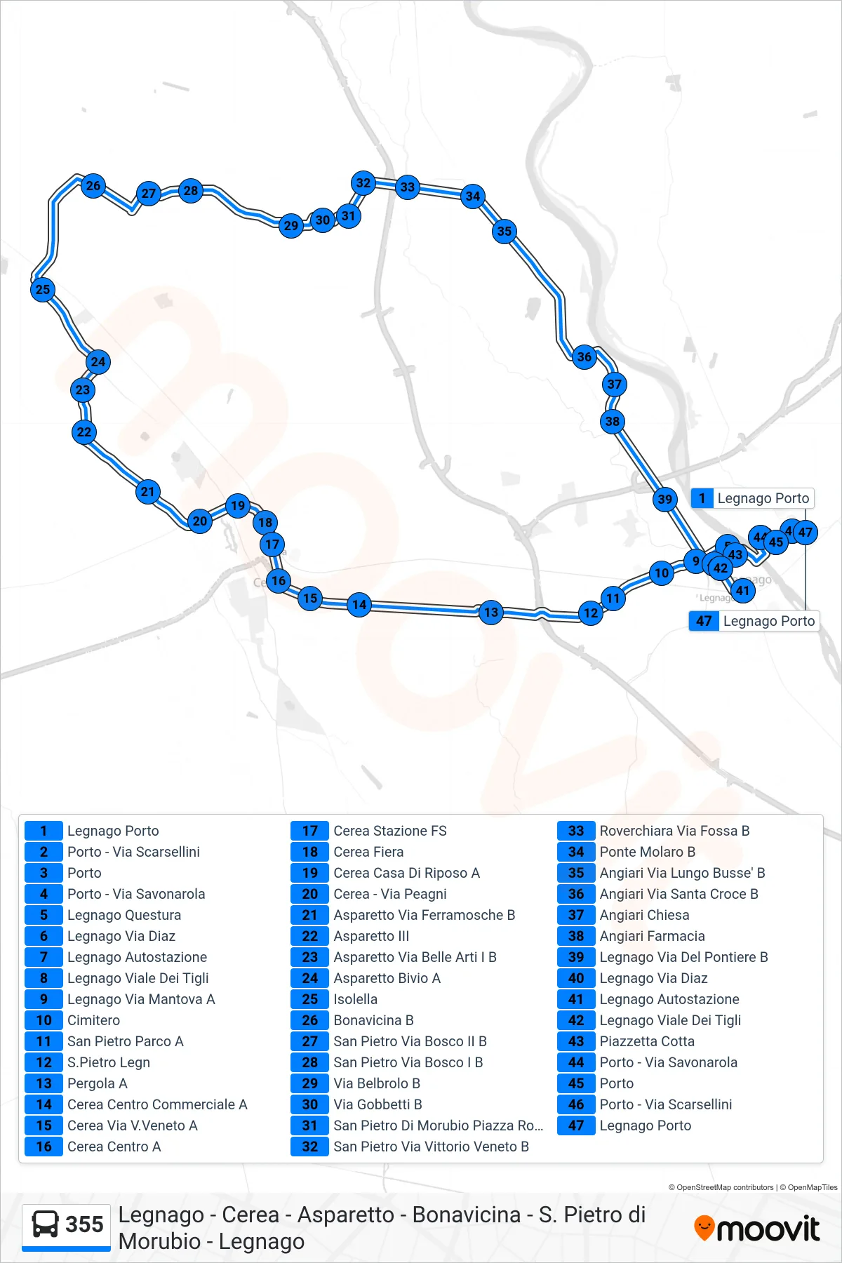 Linea 355  bus (Legnago Porto) - Percorsi e fermate sulla mappa