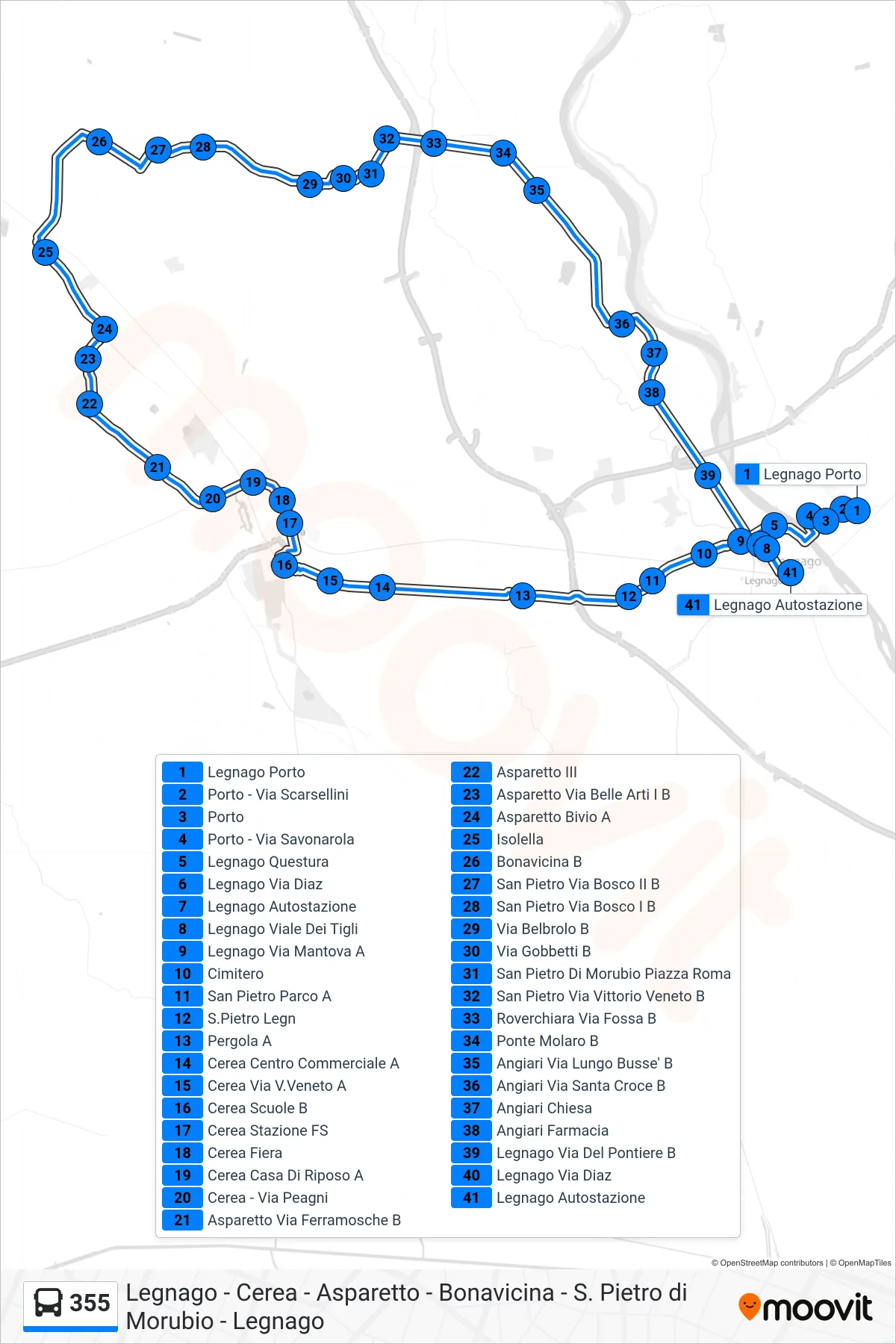 Linea 355 bus (Legnago Autostazione) - Percorsi e fermate sulla mappa