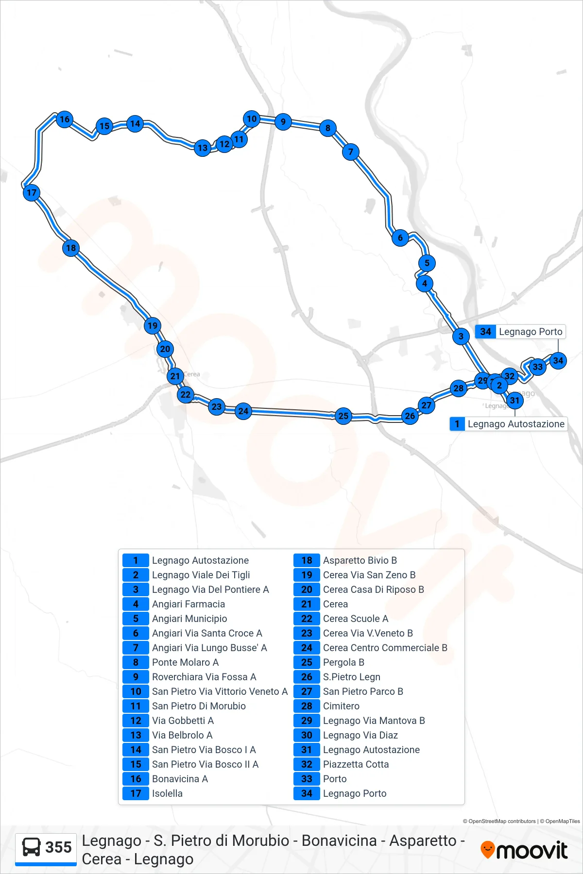 Linea 355 bus (Legnago Porto) - Percorsi e fermate sulla mappa