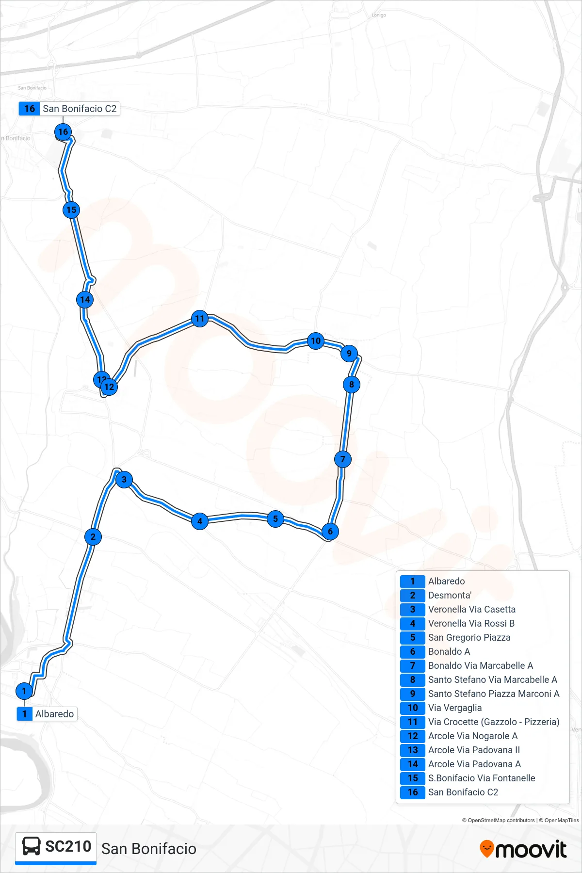 Linea SC210  bus (San Bonifacio) - Percorsi e fermate sulla mappa