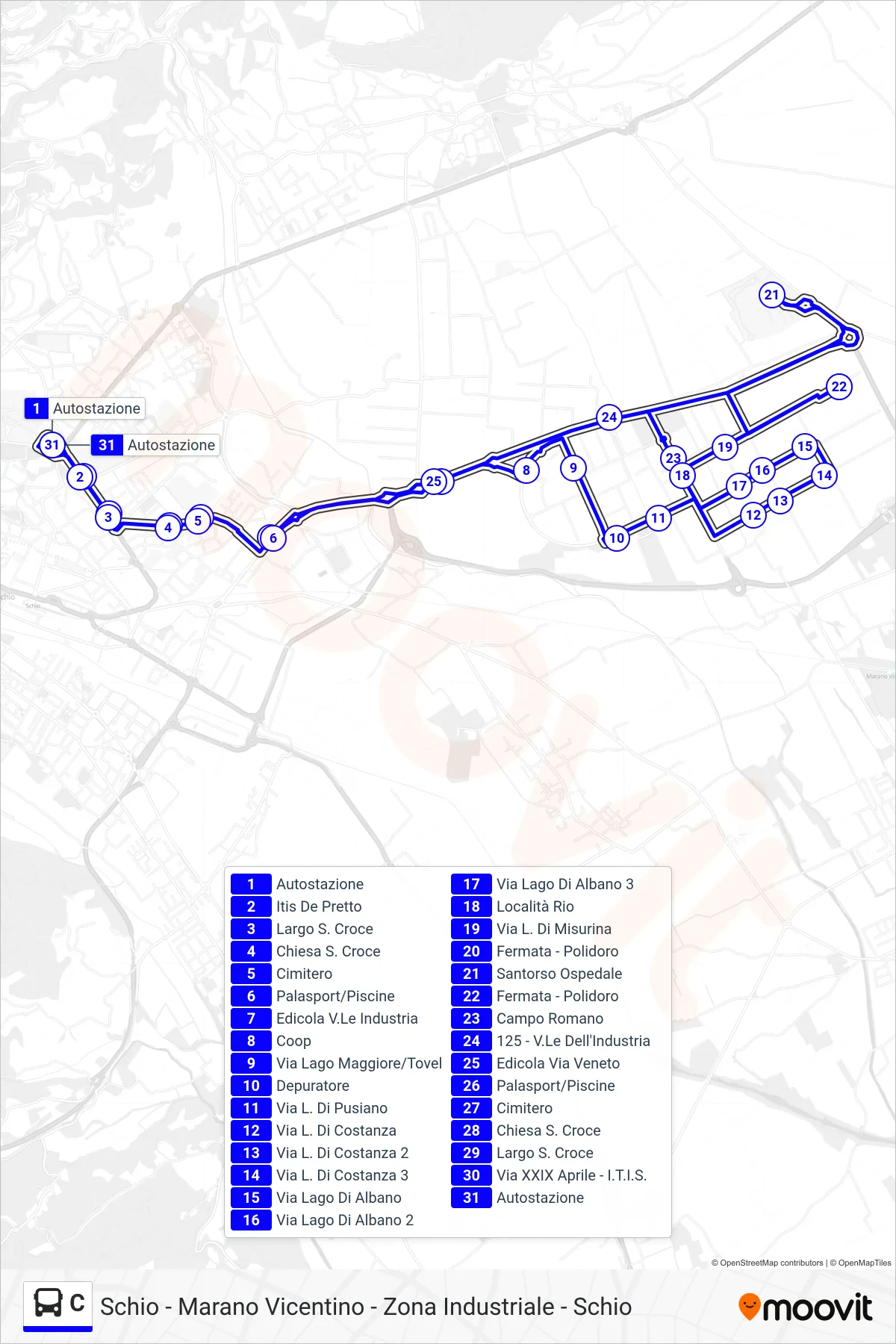 Linea C  bus (Schio - Ospedale - Località Polidoro - Schio) - Percorsi e fermate sulla mappa