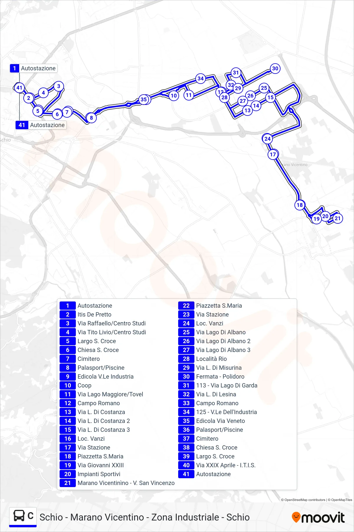 Linea C bus (Schio - Centro Studi - Marano V.No - Polidoro - Schio) - Percorsi e fermate sulla mappa