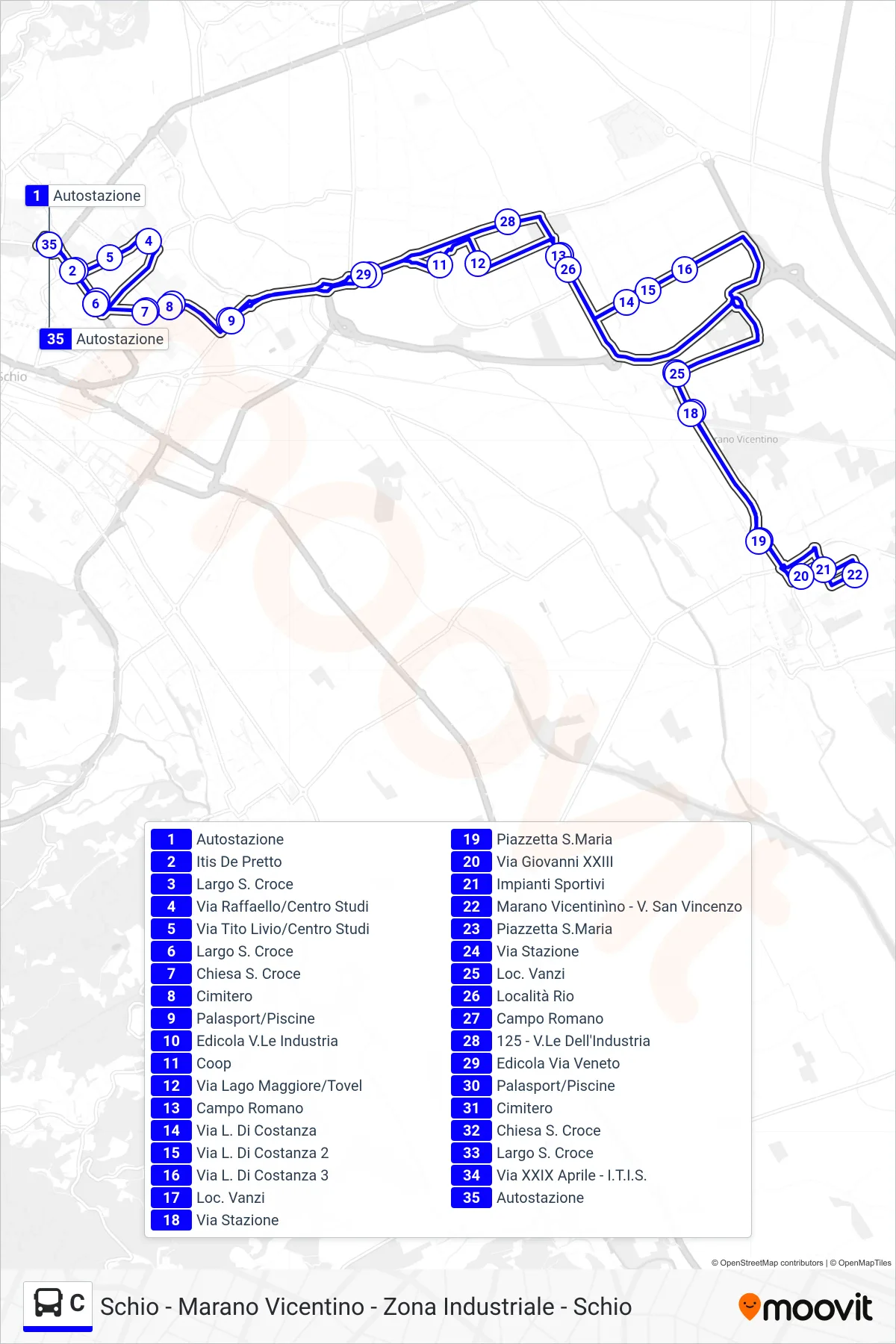 Linea C bus (Schio - Centro Studi - Marano V.No - Schio) - Percorsi e fermate sulla mappa