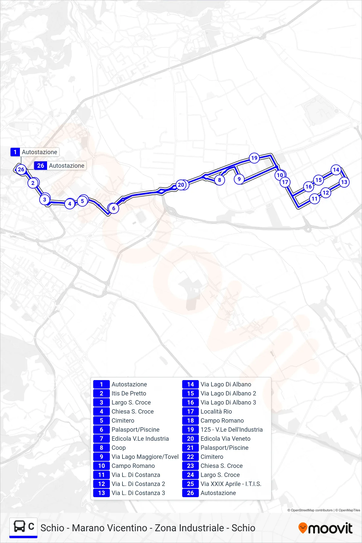 Linea C bus (Schio - Campo Romano - Schio) - Percorsi e fermate sulla mappa