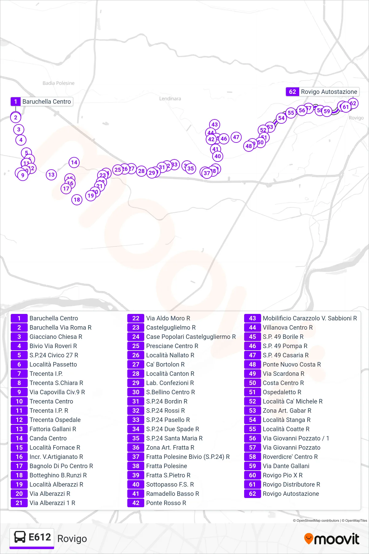 Linea E612 bus (Rovigo) - Percorsi e fermate sulla mappa