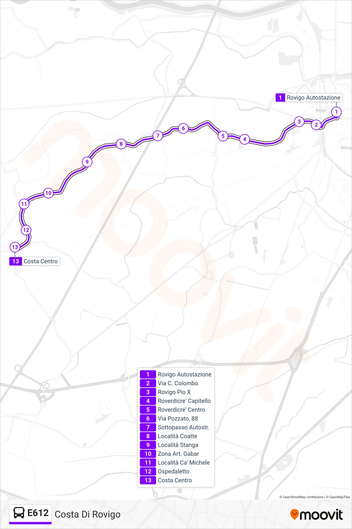 Linea E612 bus (Costa Di Rovigo) - Percorsi e fermate sulla mappa