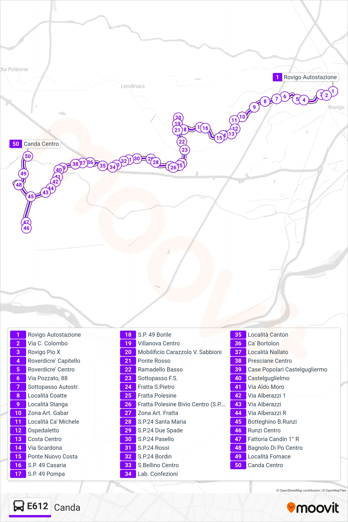 Linea E612 bus (Canda) - Percorsi e fermate sulla mappa