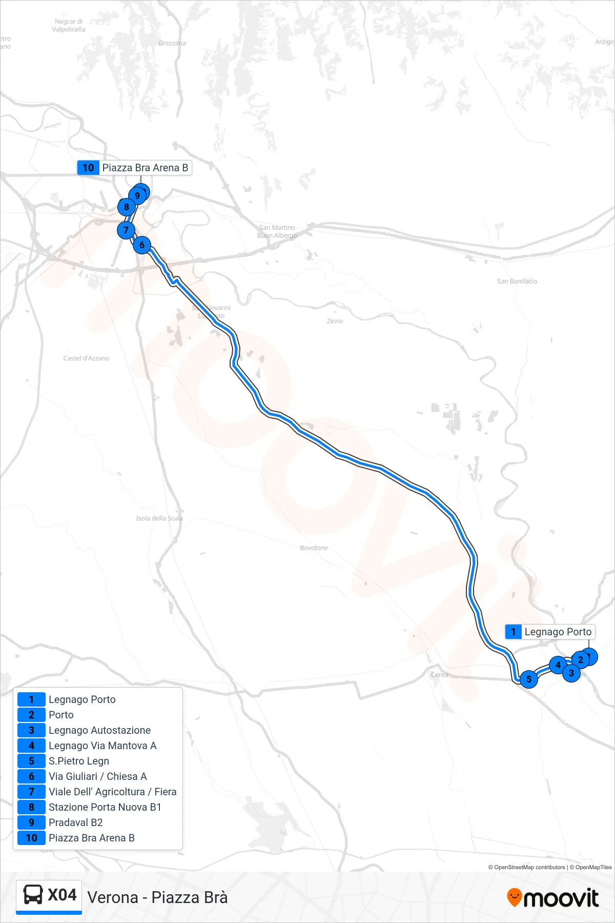 Linea X04 bus (Verona - Piazza Brà) - Percorsi e fermate sulla mappa