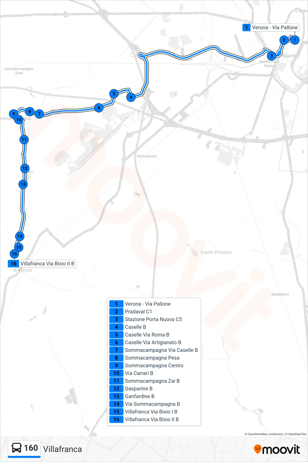 Linea 160 bus (Villafranca) - Percorsi e fermate sulla mappa