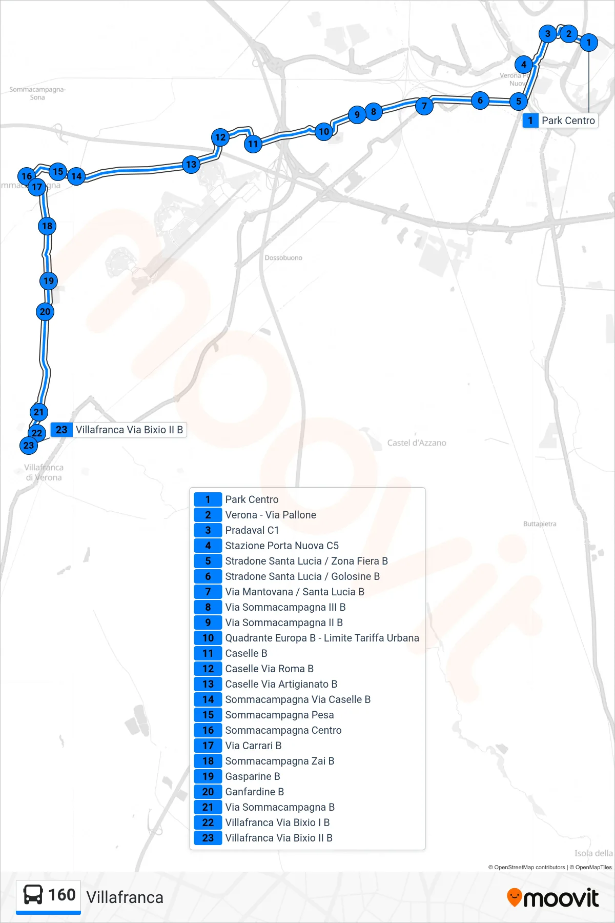 Linea 160 bus (Villafranca) - Percorsi e fermate sulla mappa