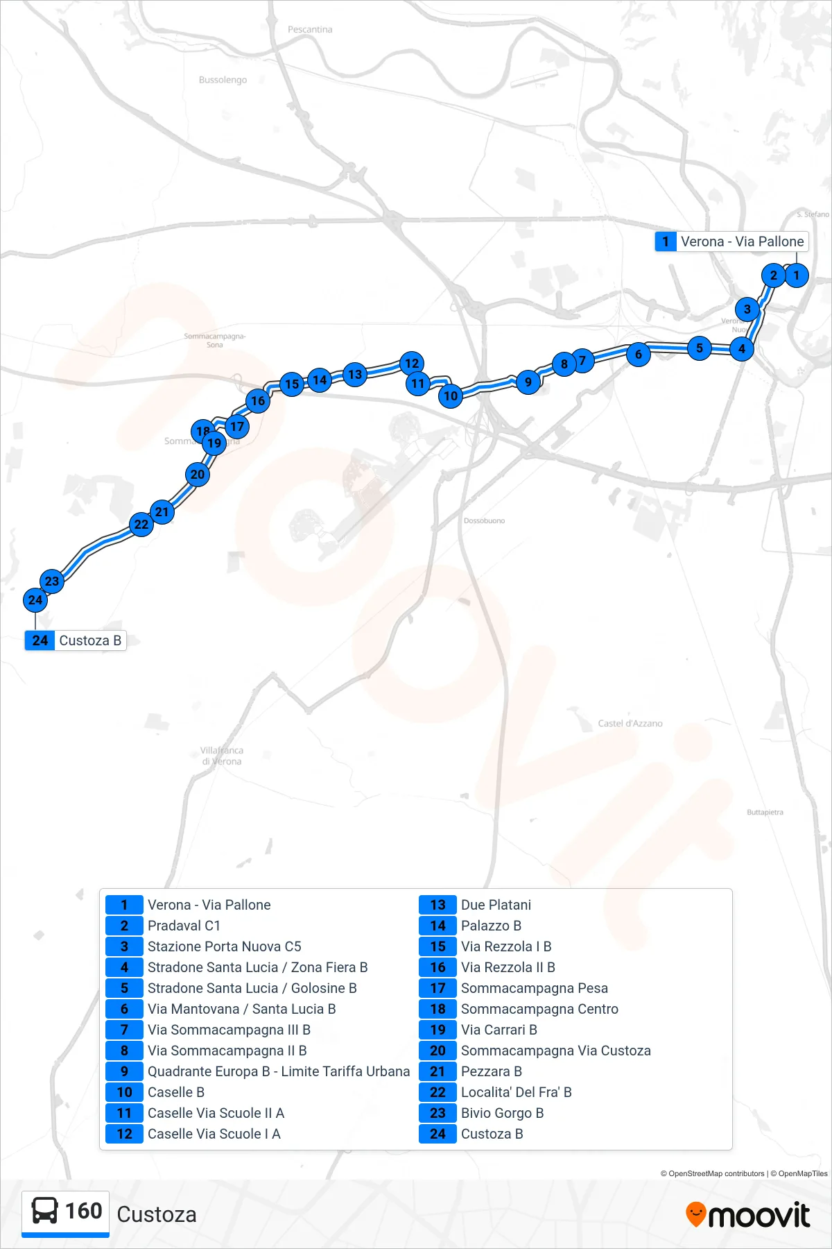 Linea 160 bus (Custoza) - Percorsi e fermate sulla mappa