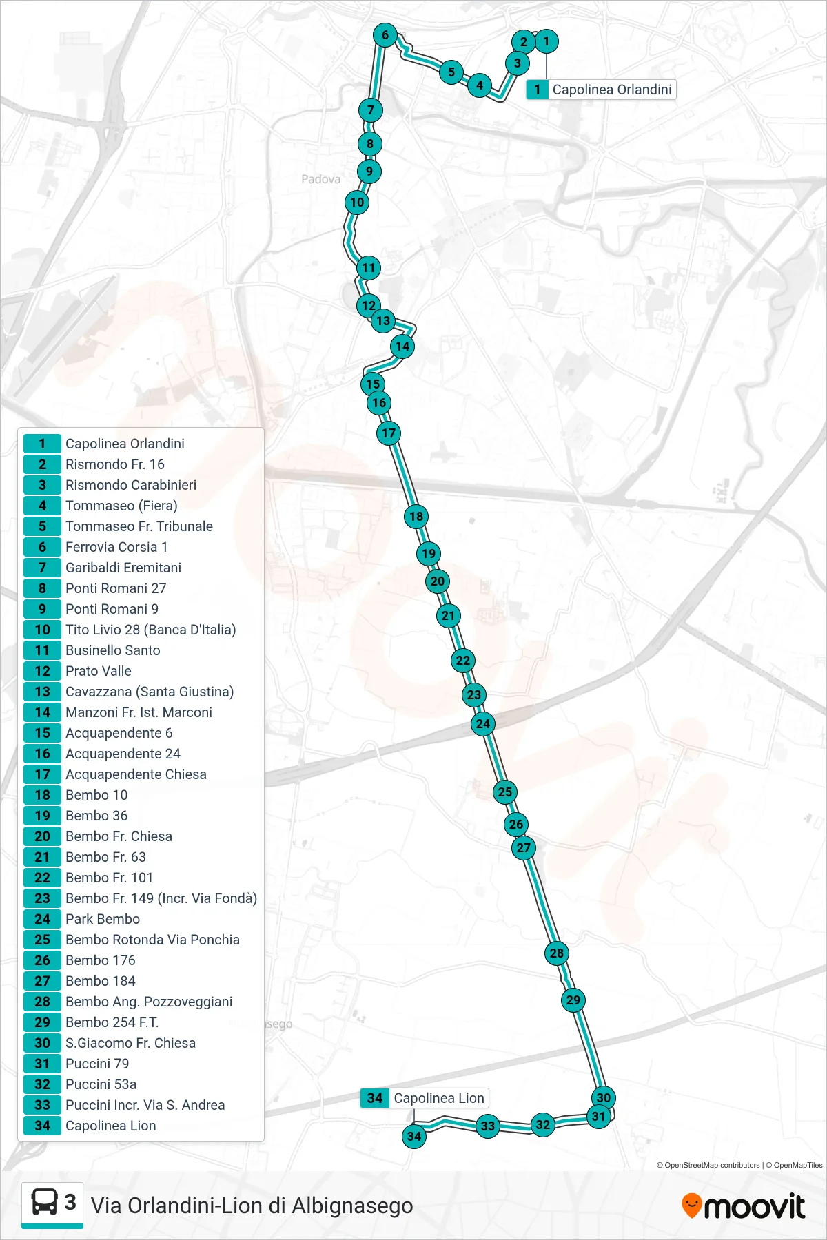Linea 3 tram (Capolinea Orlandini > Lion Di Albignasego) - Percorsi e fermate sulla mappa