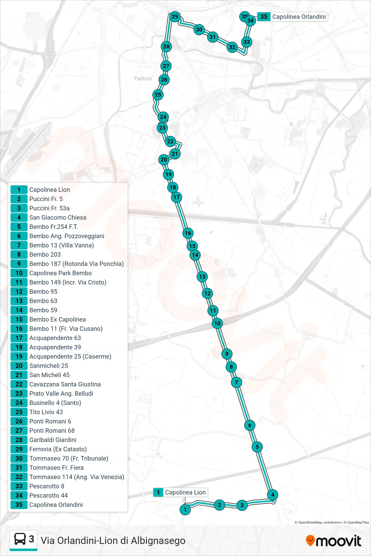Linea 3  tram (Lion Di Albignasego > Capolinea Orlandini) - Percorsi e fermate sulla mappa