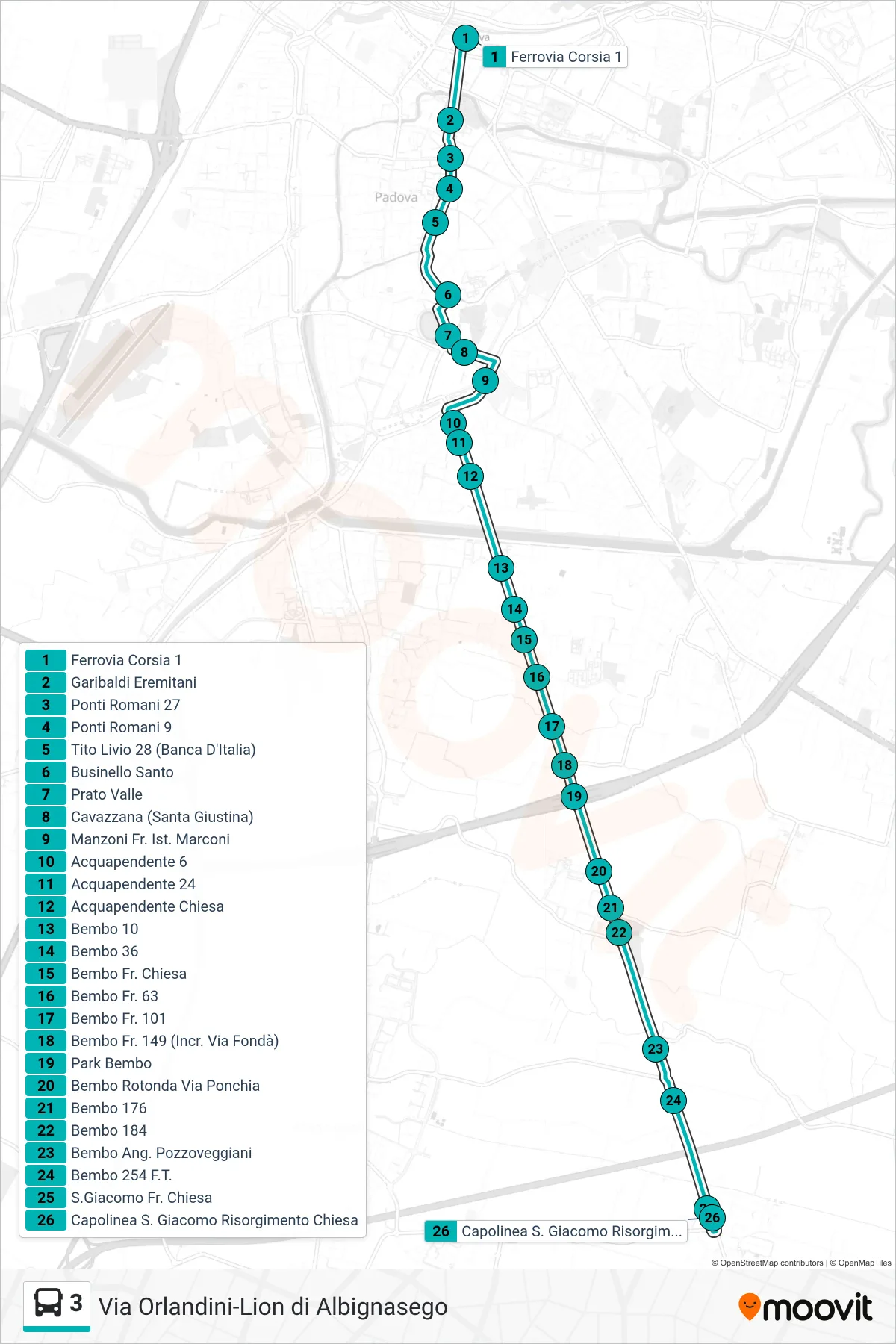 Linea 3  tram (Ferrovia > S.Giacomo Di Albignasego) - Percorsi e fermate sulla mappa