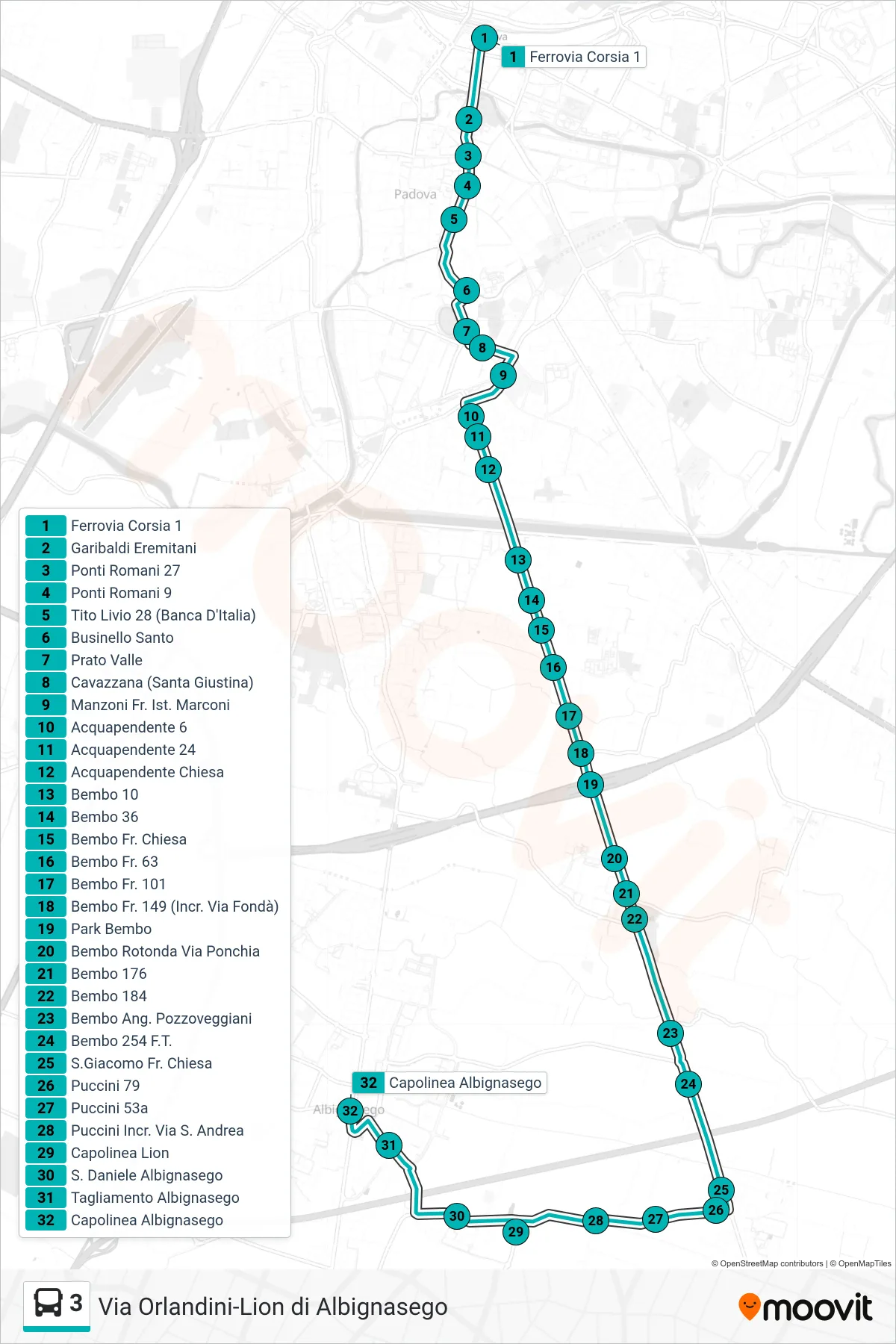Linea 3 tram (Ferrovia > Capolinea Albignasego) - Percorsi e fermate sulla mappa