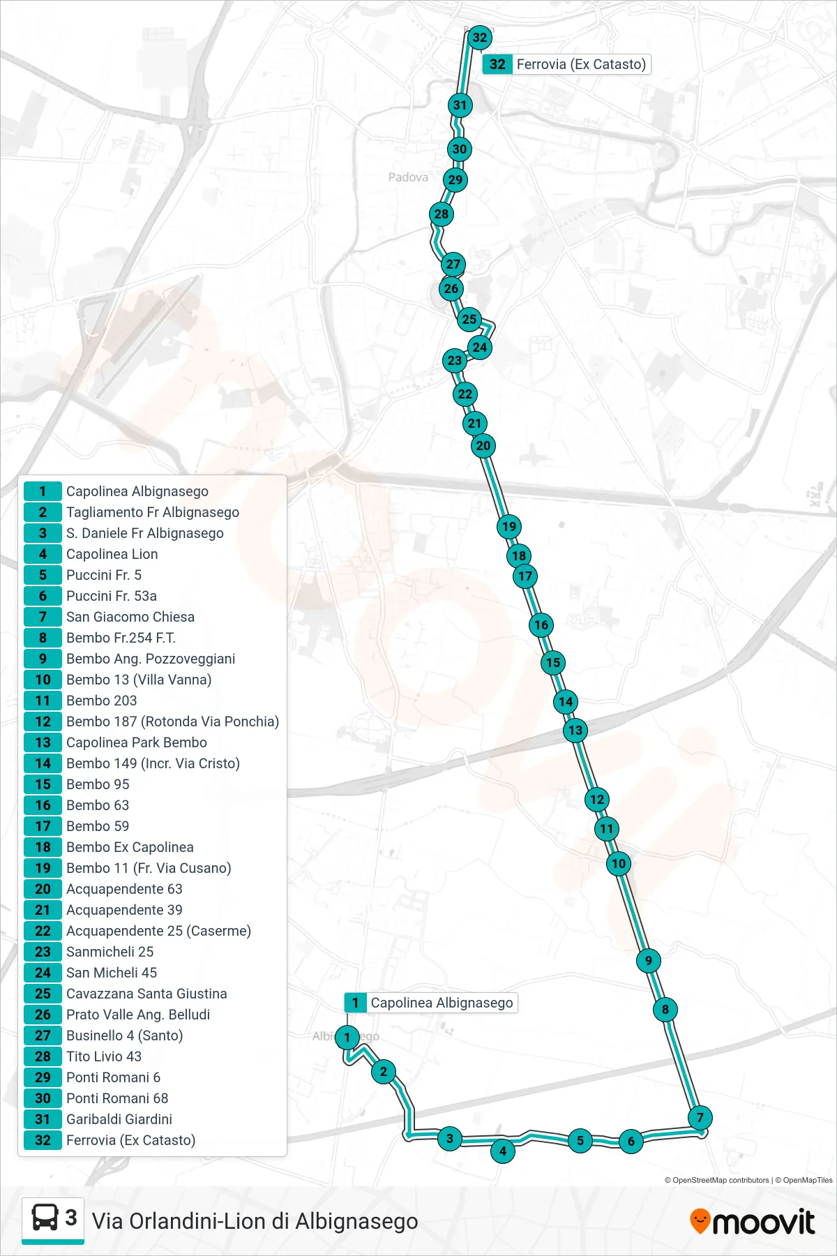 Linea 3  tram (Capolinea Albignasego > Ferrovia (Ex Catasto)) - Percorsi e fermate sulla mappa