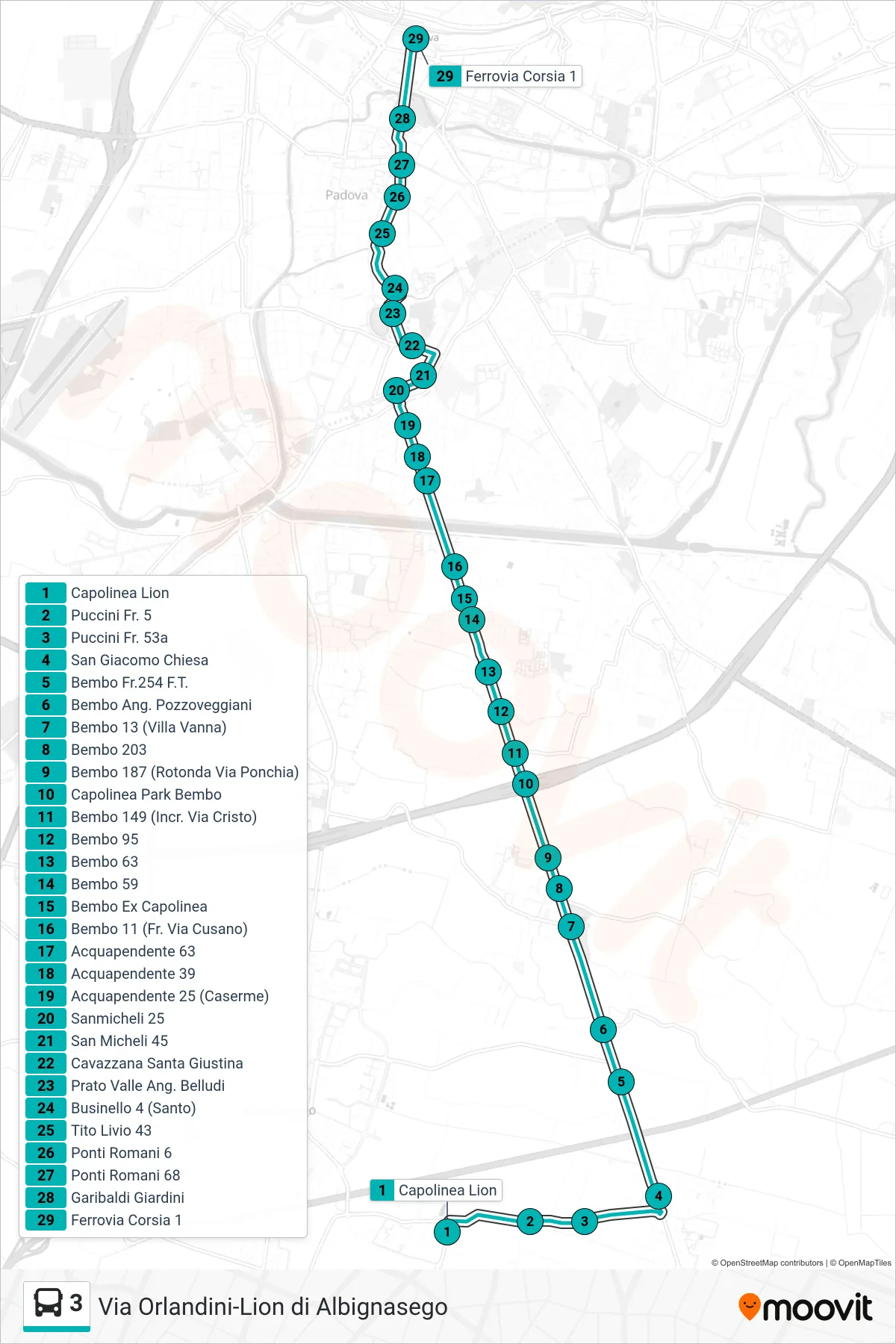Linea 3 tram (Capolinea Lion > Ferrovia Corsia 1) - Percorsi e fermate sulla mappa