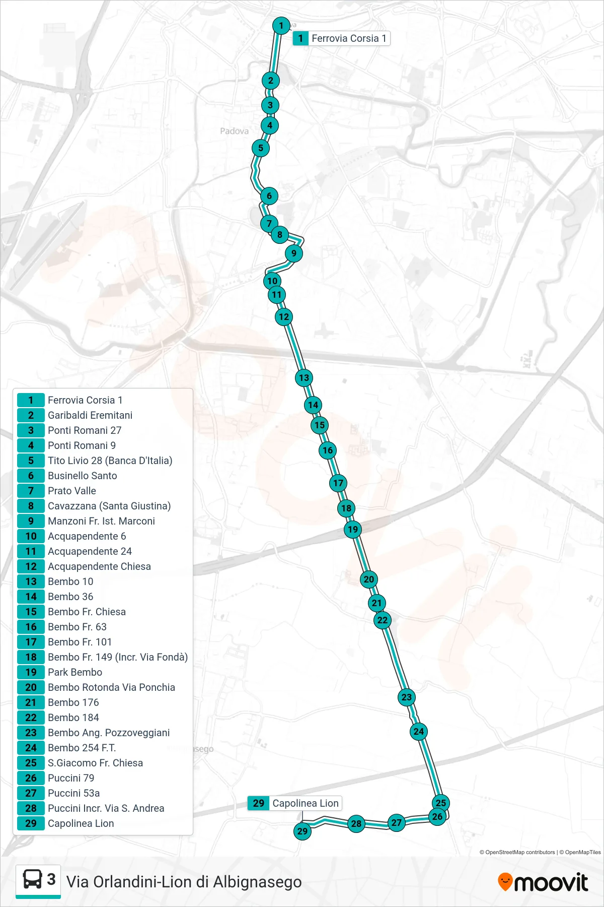 Linea 3  tram (Ferrovia > Lion Di Albignasego) - Percorsi e fermate sulla mappa