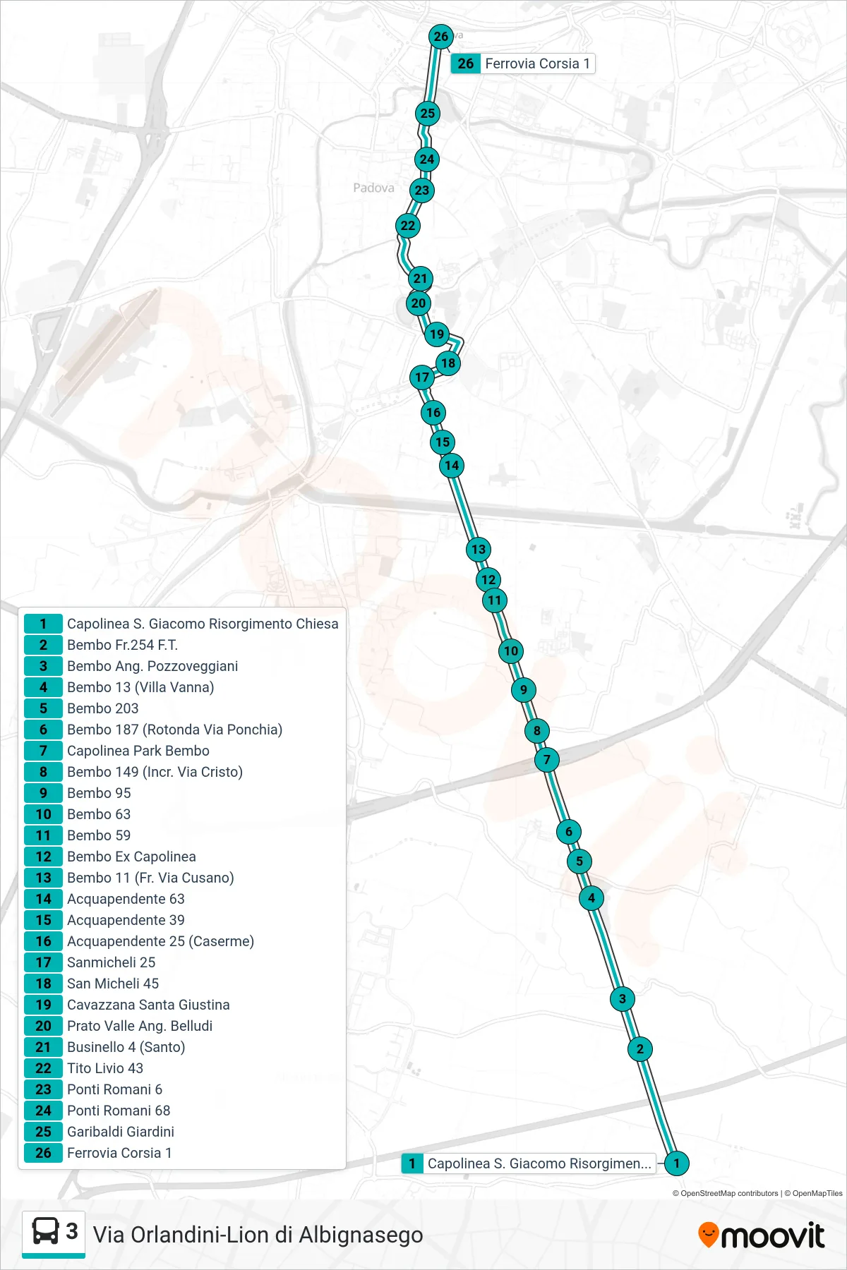 Linea 3 tram (S.Giacomo Di Albignasego > Ferrovia Corsia 1) - Percorsi e fermate sulla mappa