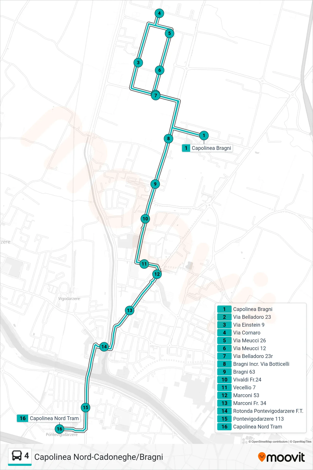 Linea 4  tram (Bragni > Zona Ind. Bragni > Capolinea Nord Tram) - Percorsi e fermate sulla mappa