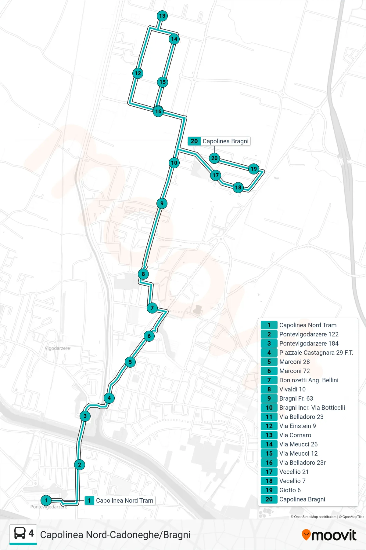 Linea 4 tram (Nord Tram > Zona Ind. Bragni > Capolinea Bragni) - Percorsi e fermate sulla mappa