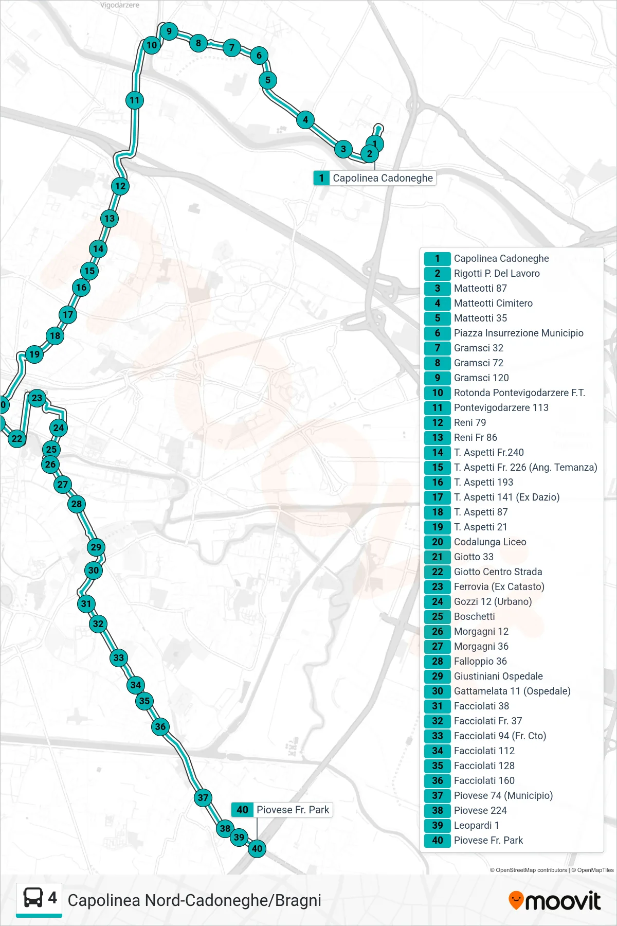 Linea 4  tram (Capolinea Codoneghe > Piovese Park) - Percorsi e fermate sulla mappa