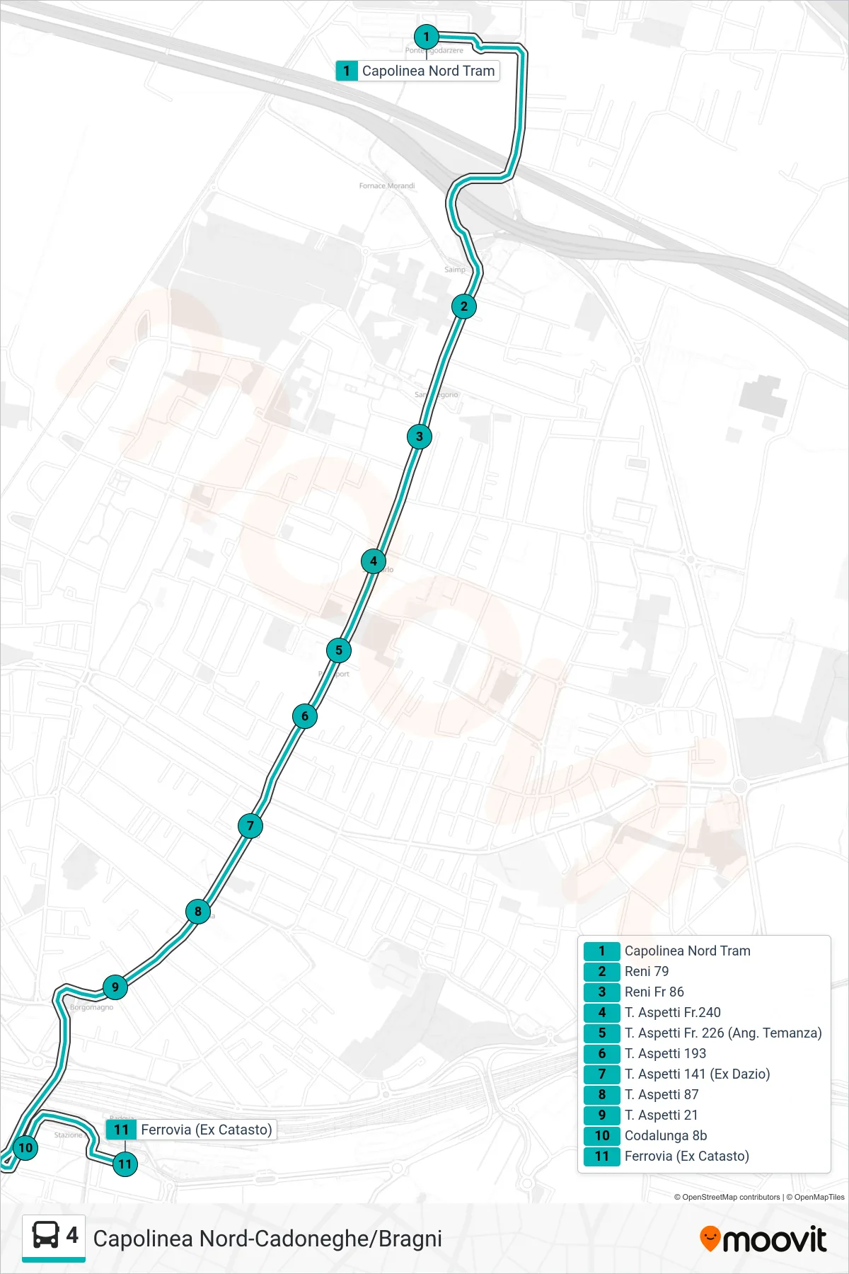 Linea 4 tram (Capolinea Nord Tram > Ferrovia (Ex Catasto)) - Percorsi e fermate sulla mappa