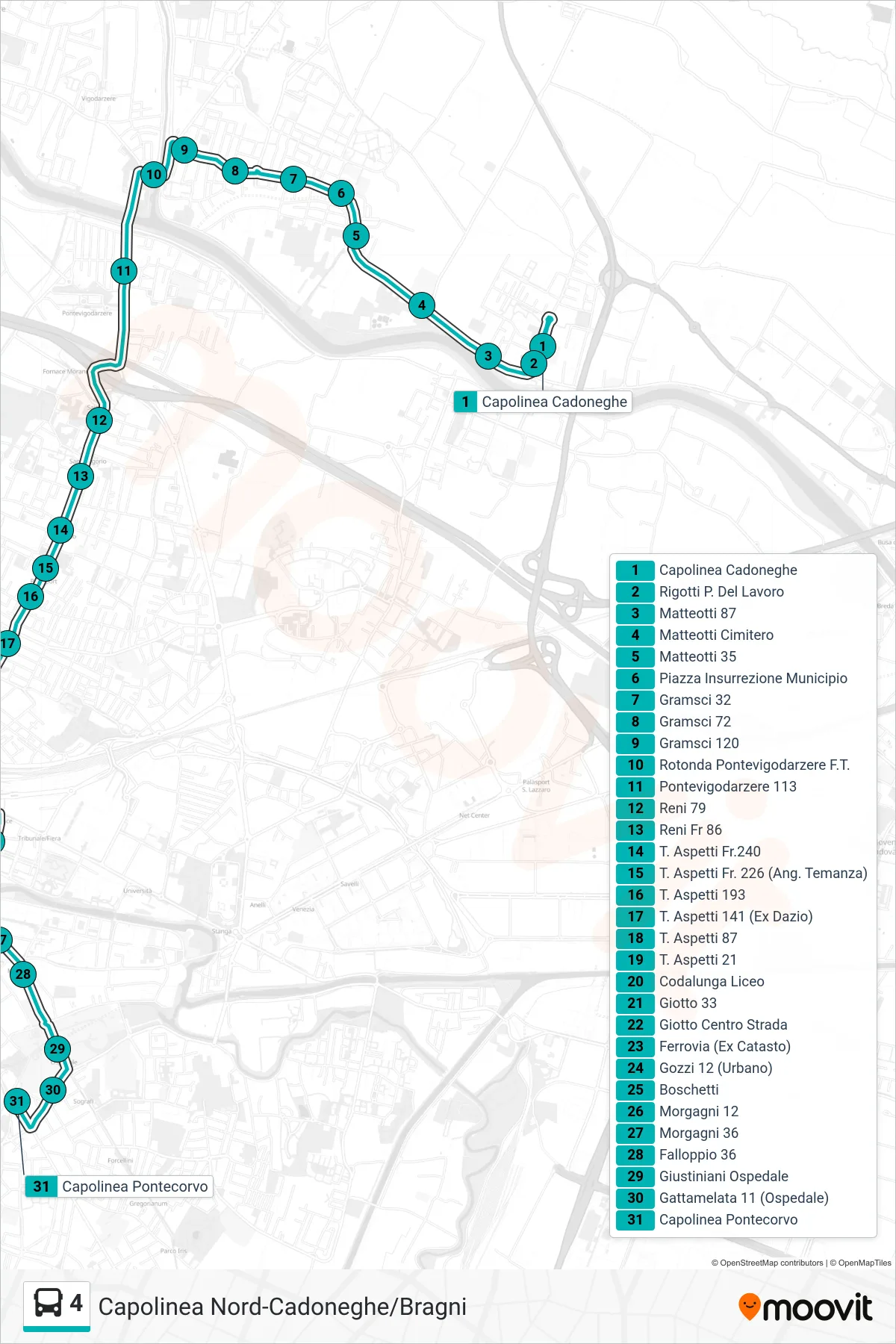 Linea 4 tram (Cadoneghe > Capolinea Pontecorvo) - Percorsi e fermate sulla mappa