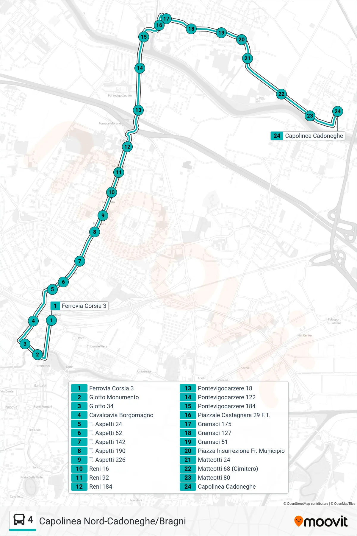 Linea 4 tram (Ferrovia Corsia 3 > Capolinea Cadoneghe) - Percorsi e fermate sulla mappa