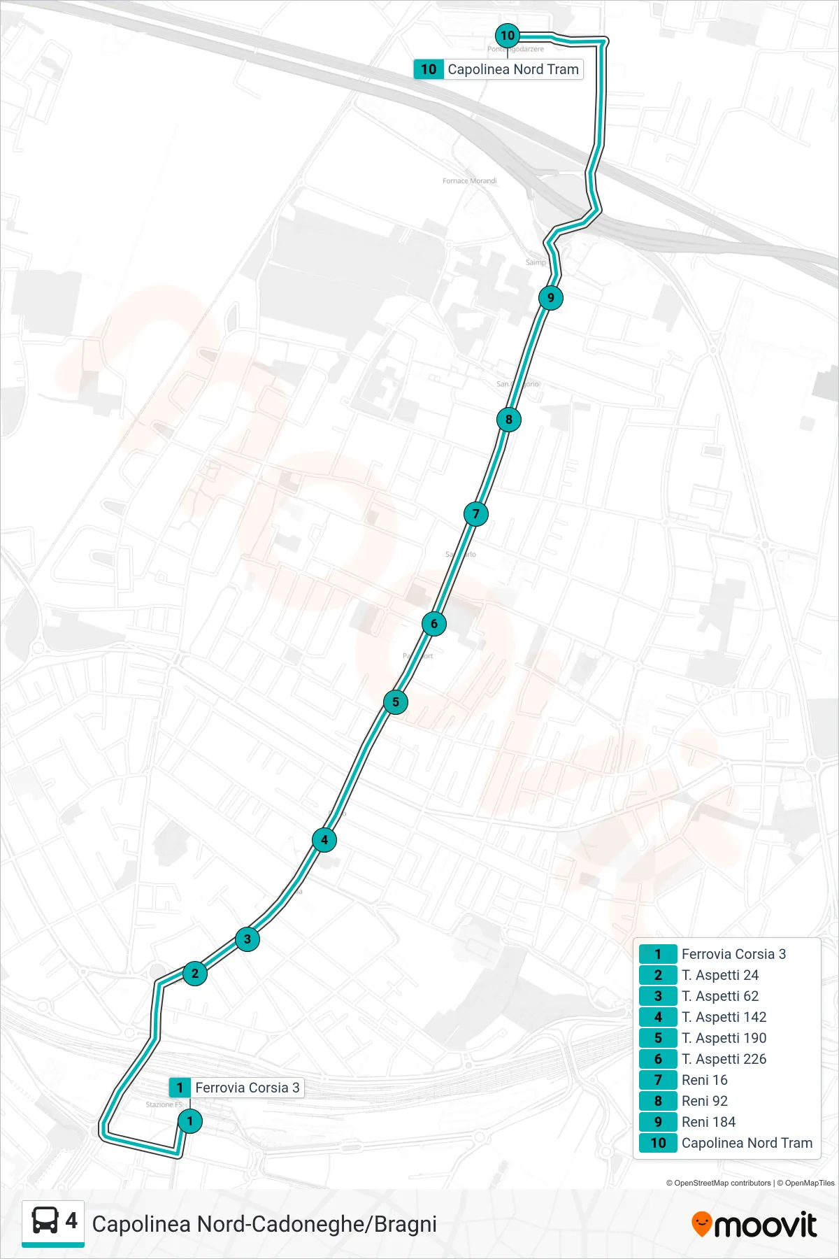 4 tram Line (Railway to North Tram Terminal) route and stops on a map