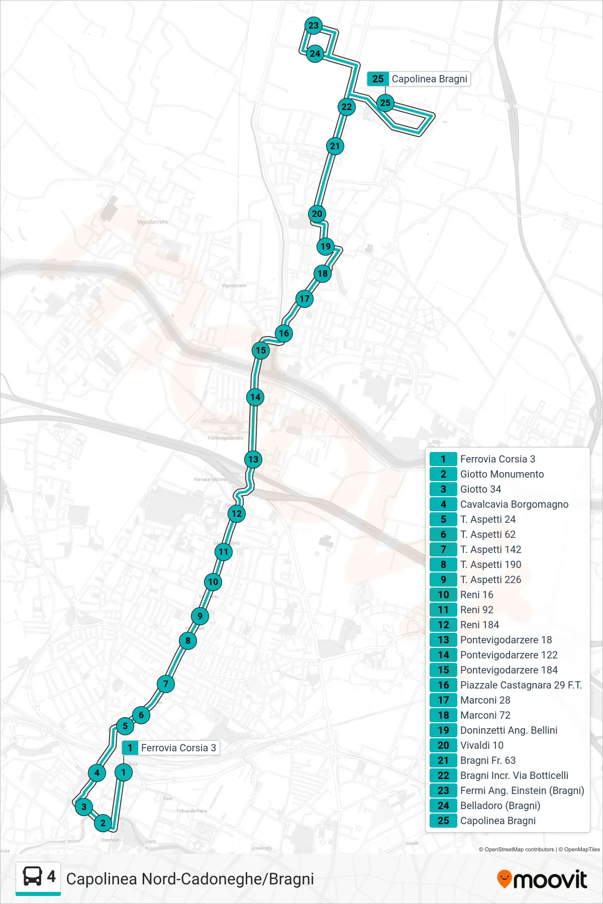 Linea 4 tram (Ferrovia > Zona Ind.le Bragni > Capolinea Bragni) - Percorsi e fermate sulla mappa