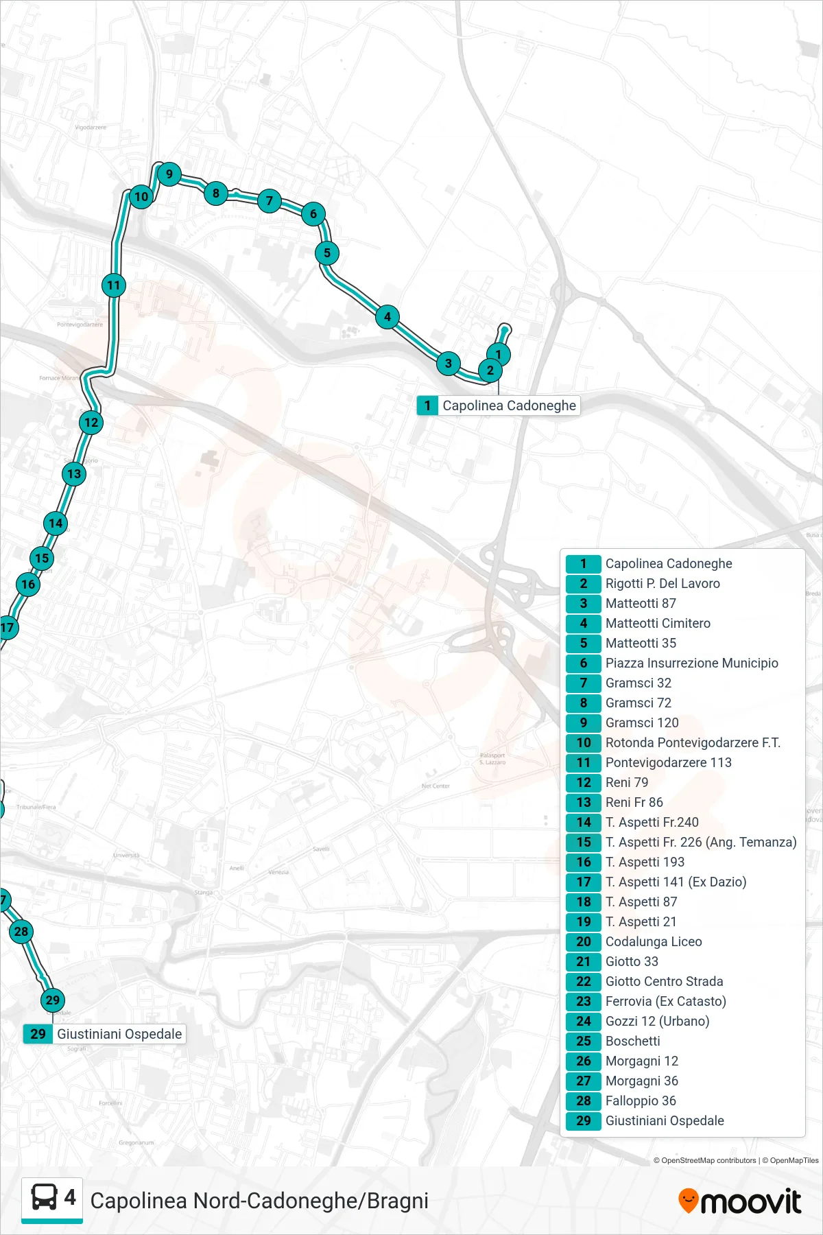Linea 4 tram (Capolinea Cadoneghe > Giustiniani Ospedale) - Percorsi e fermate sulla mappa