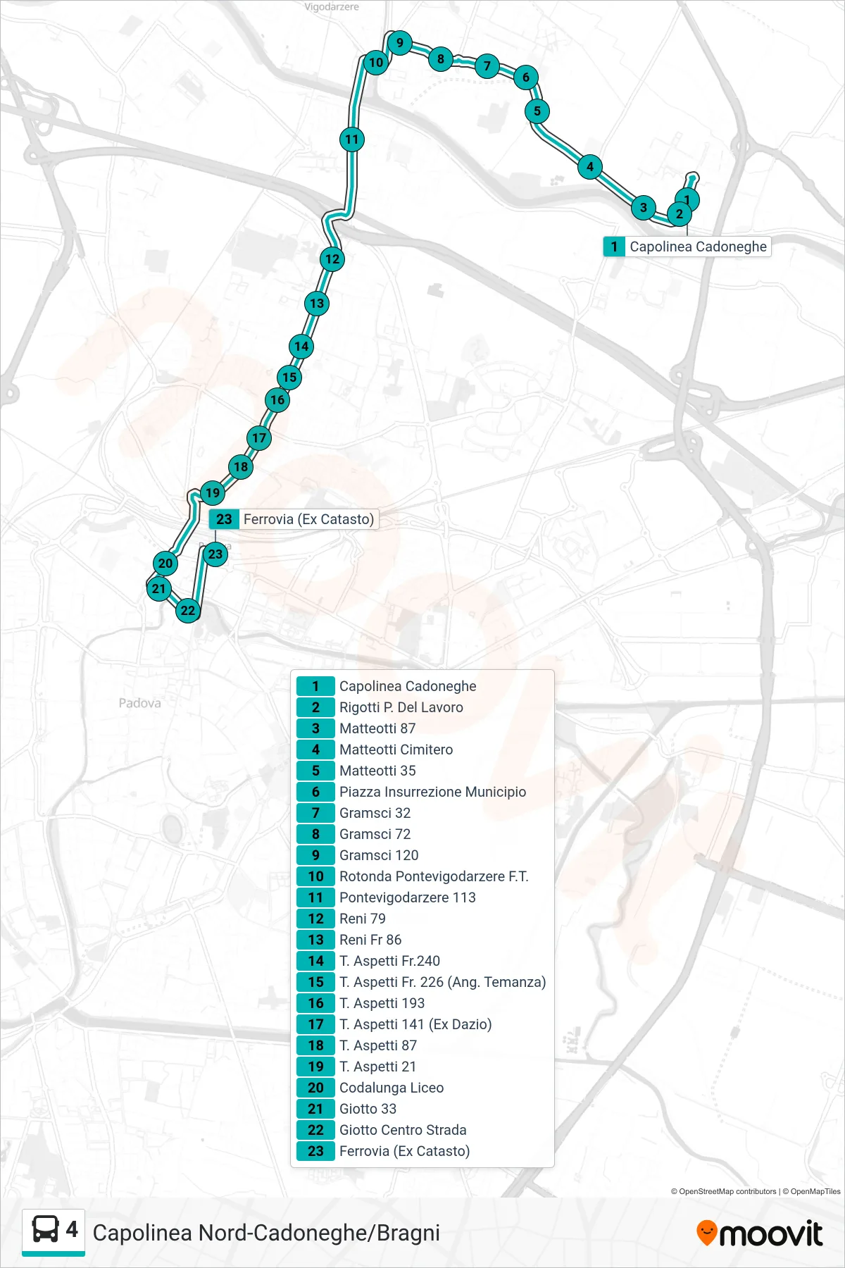 Linea 4 tram (Capolinea Cadoneghe > Ferrovia (Ex Catasto)) - Percorsi e fermate sulla mappa