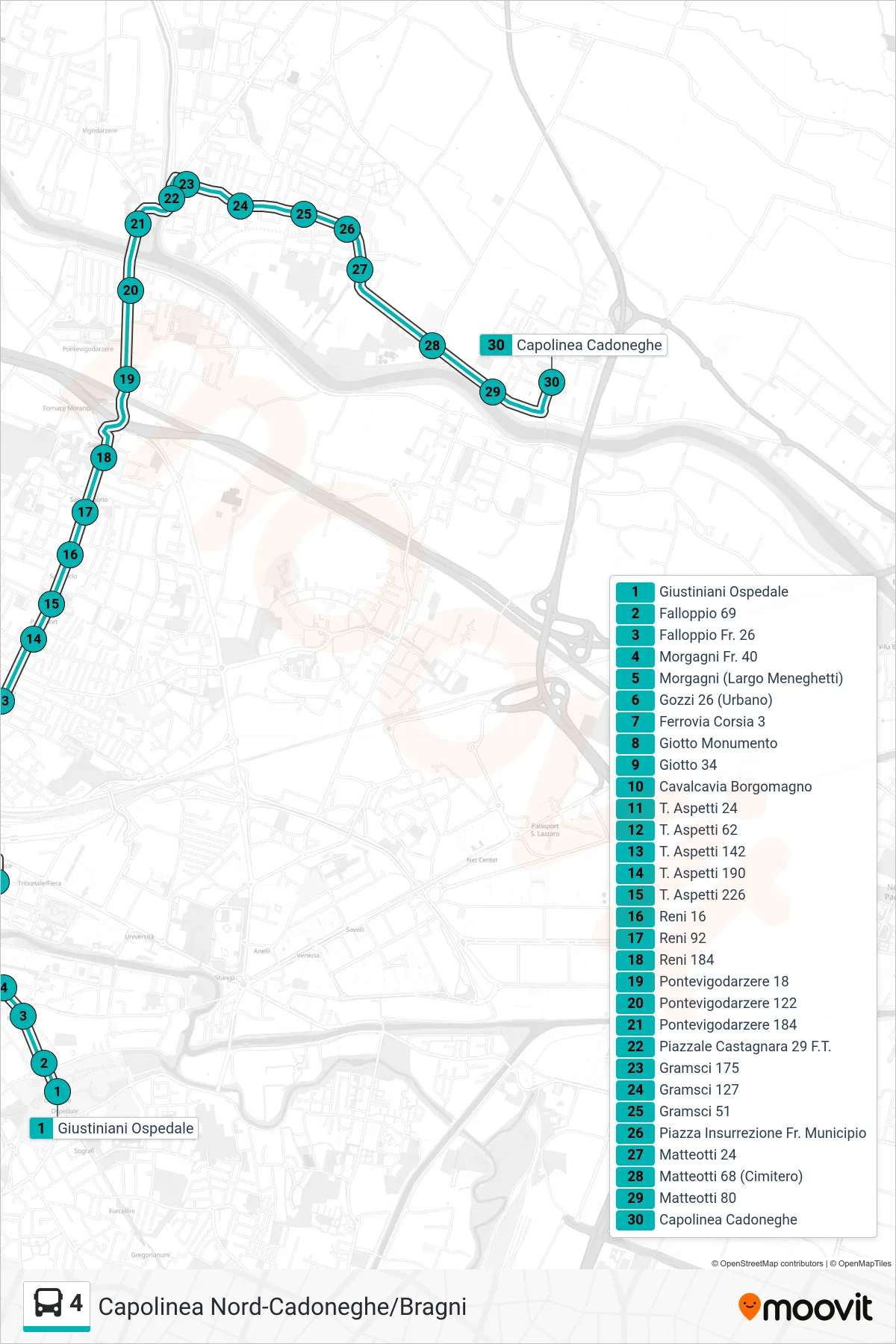 4 tram Line (Giustiniani Hospital to Railway to Cadoneghe Terminal) route and stops on a map