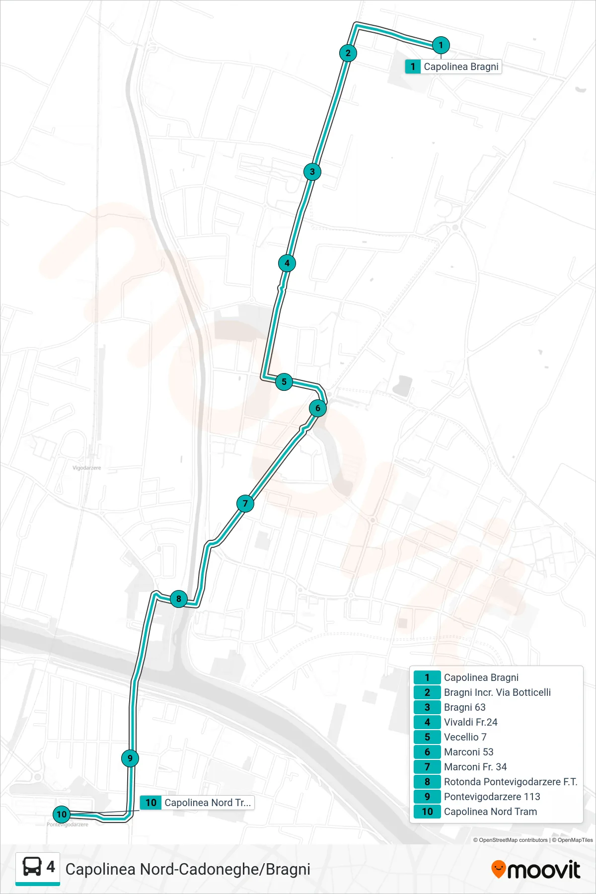 Linea 4 tram (Bragni > Capolinea Nord Tram) - Percorsi e fermate sulla mappa