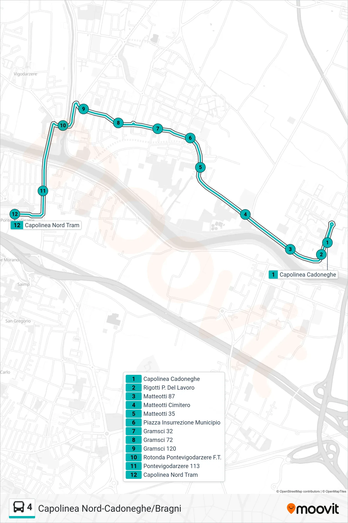 Linea 4 tram (Cadoneghe > Capolinea Nord Tram) - Percorsi e fermate sulla mappa
