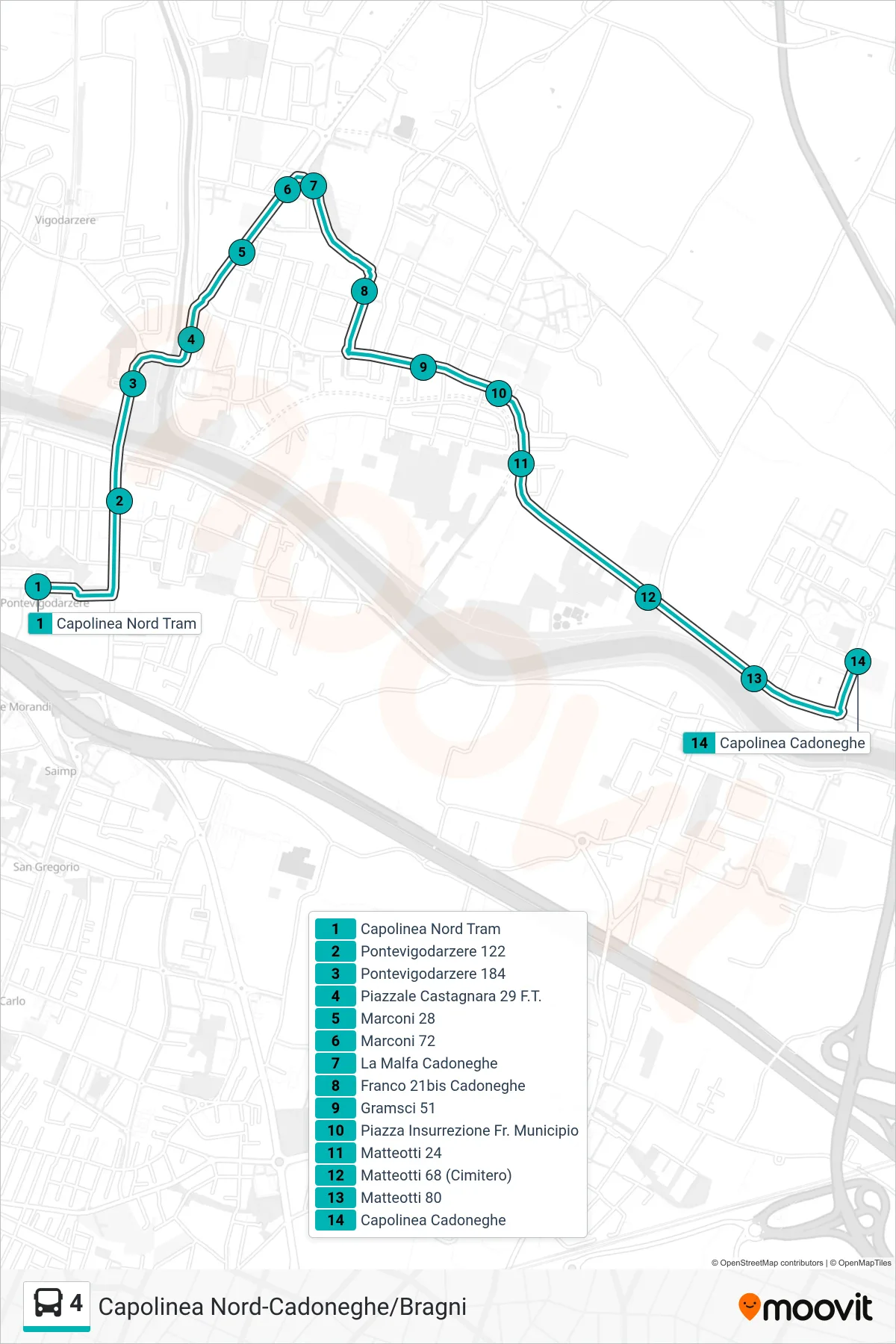 Linea 4  tram (Nord Tram > La Malfa Cadoneghe > Capolinea Cadoneghe) - Percorsi e fermate sulla mappa