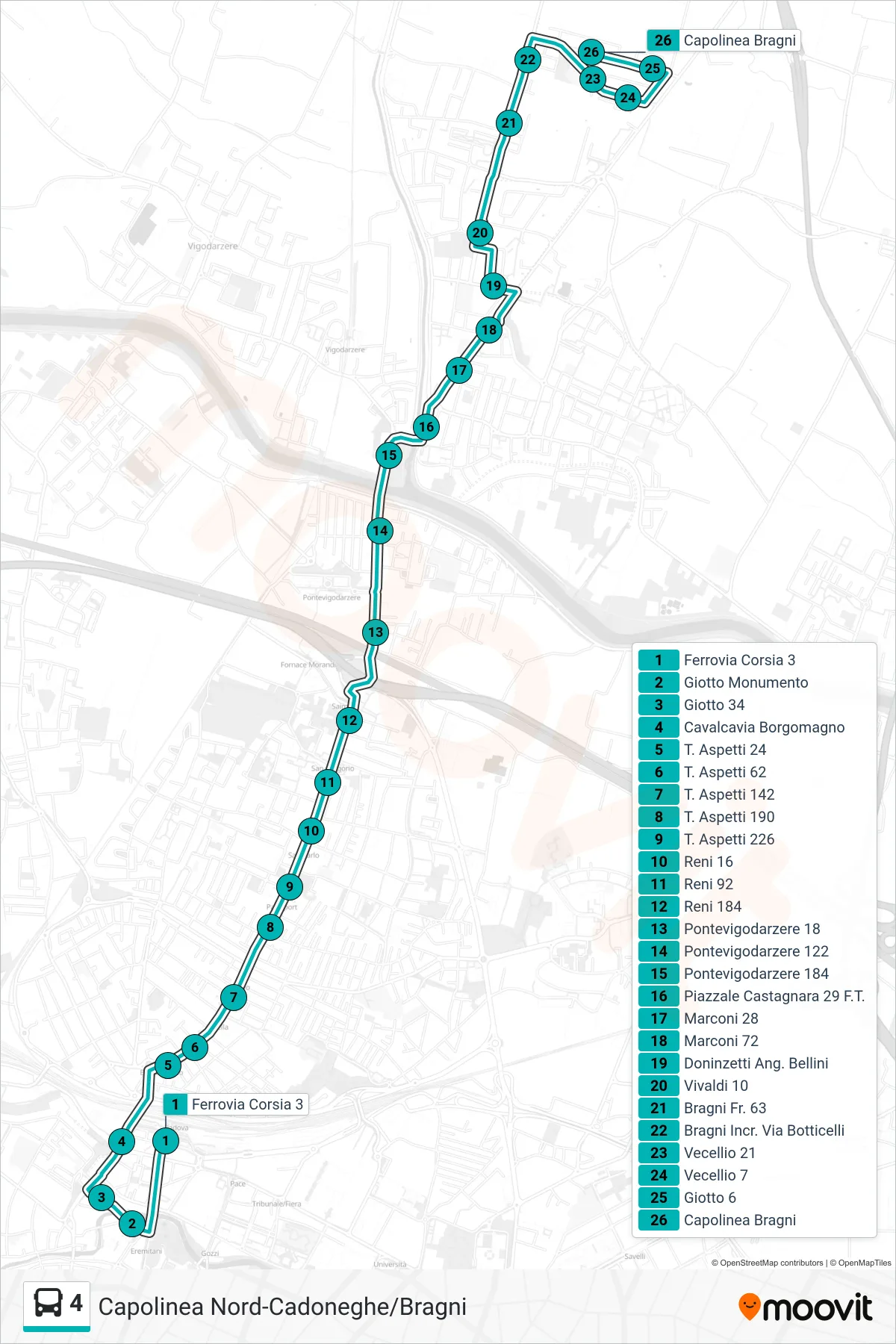 Linea 4  tram (Ferrovia > Capolinea Bragni) - Percorsi e fermate sulla mappa