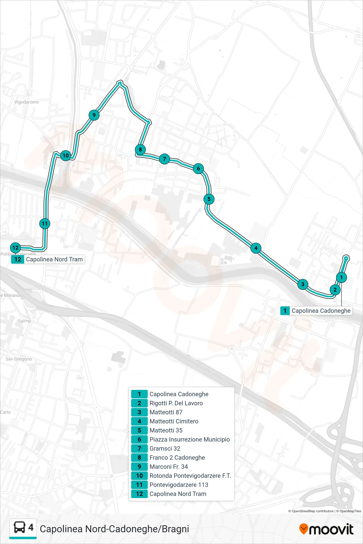 Linea 4 tram (Cadoneghe > Franco 2 Cadoneghe > Capolinea Nord Tram) - Percorsi e fermate sulla mappa