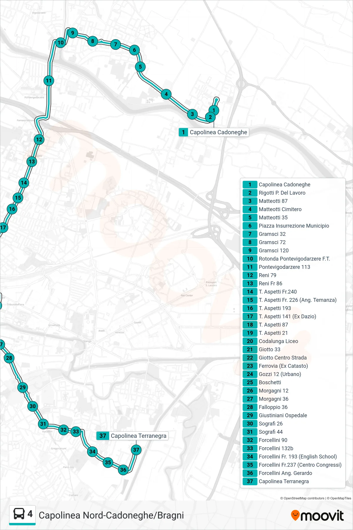 Linea 4 tram (Cadoneghe > Capolinea Terranegra) - Percorsi e fermate sulla mappa