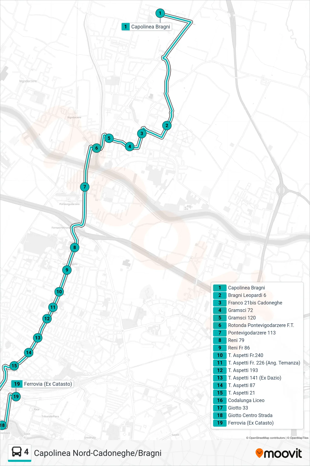 4 tram Line (Terminal Bragni > Bragni Leopardi 6 > Railway (Former Land Registry)) route and stops on a map