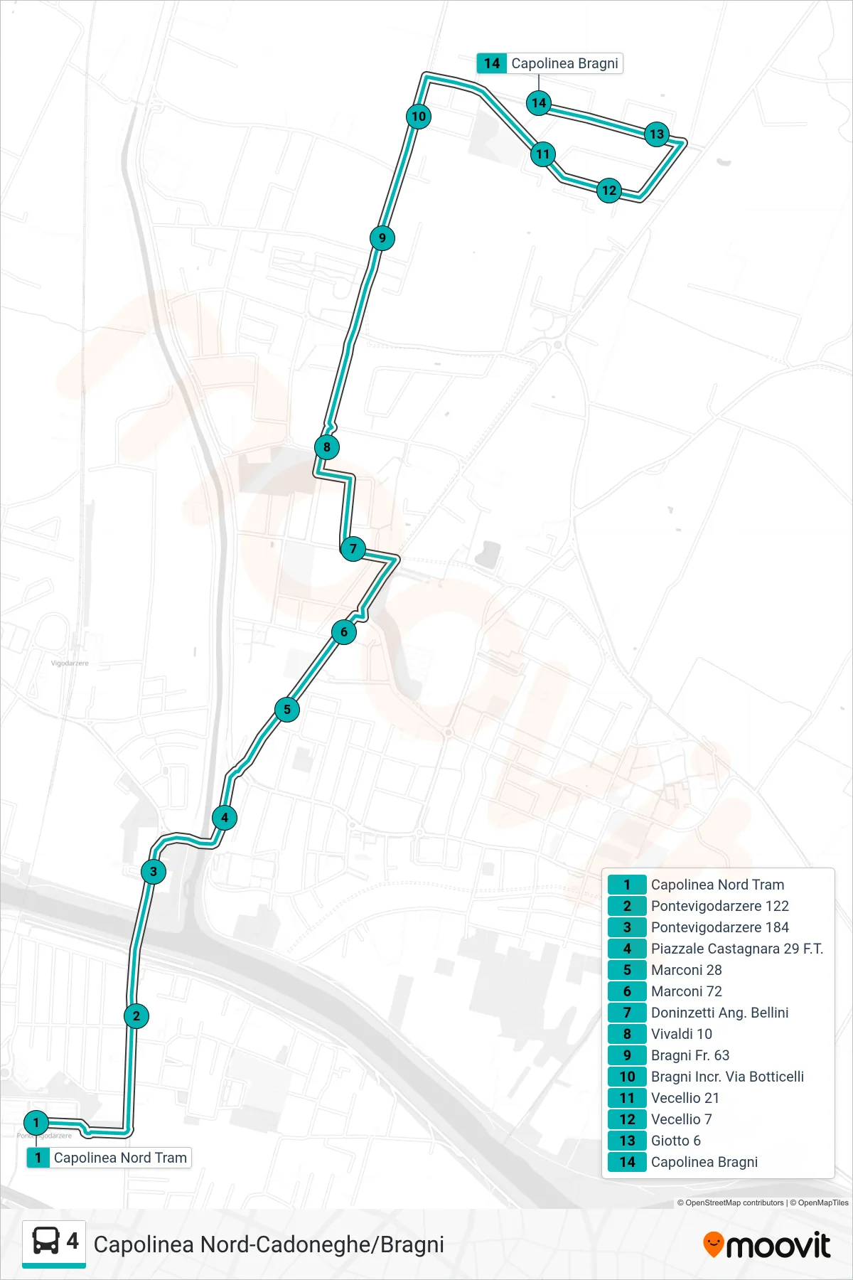 Linea 4 tram (Nord Tram > Capolinea Bragni) - Percorsi e fermate sulla mappa